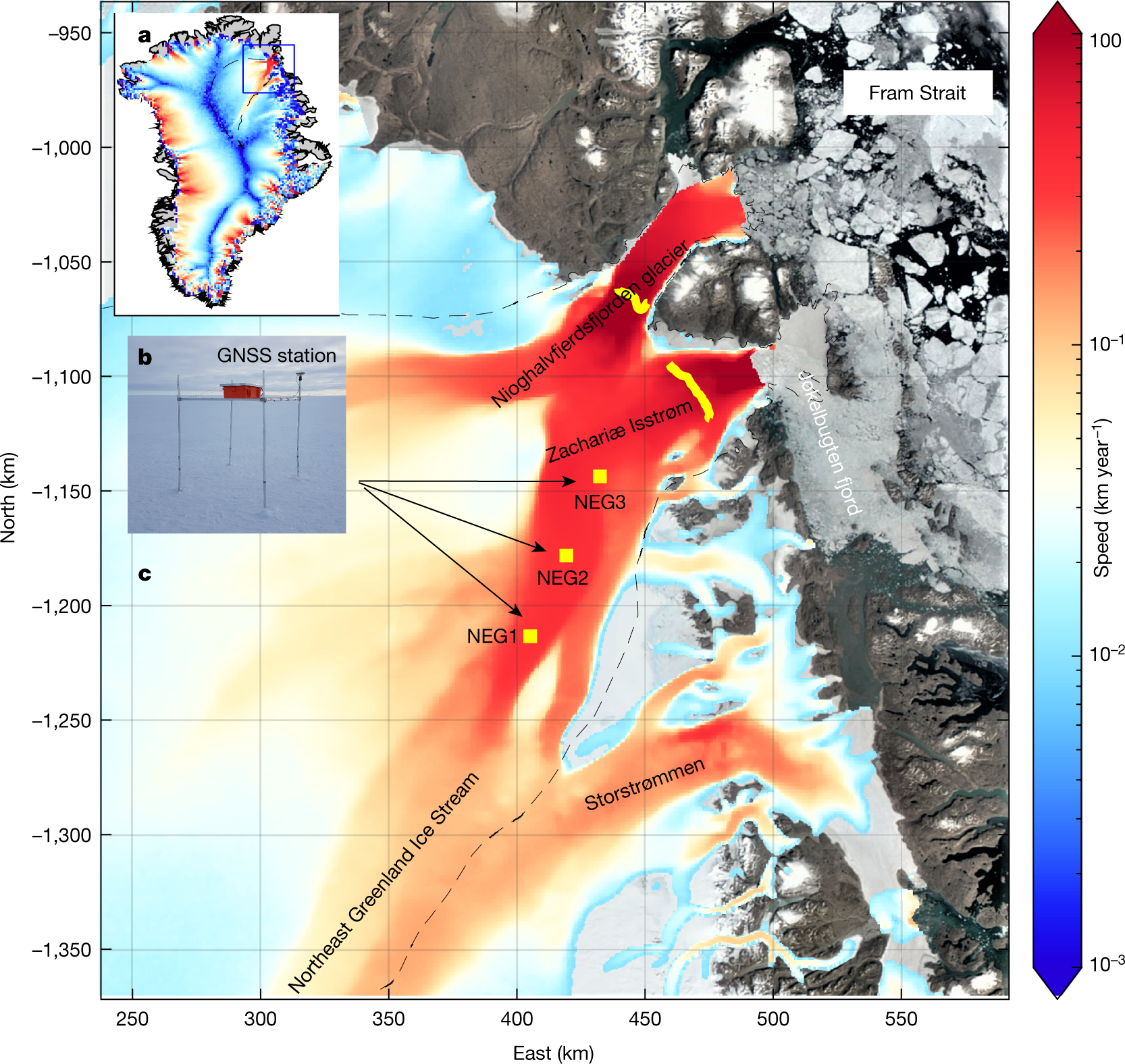 Extensive inland thinning and speed-up of Northeast Greenland Ice Stream Nature