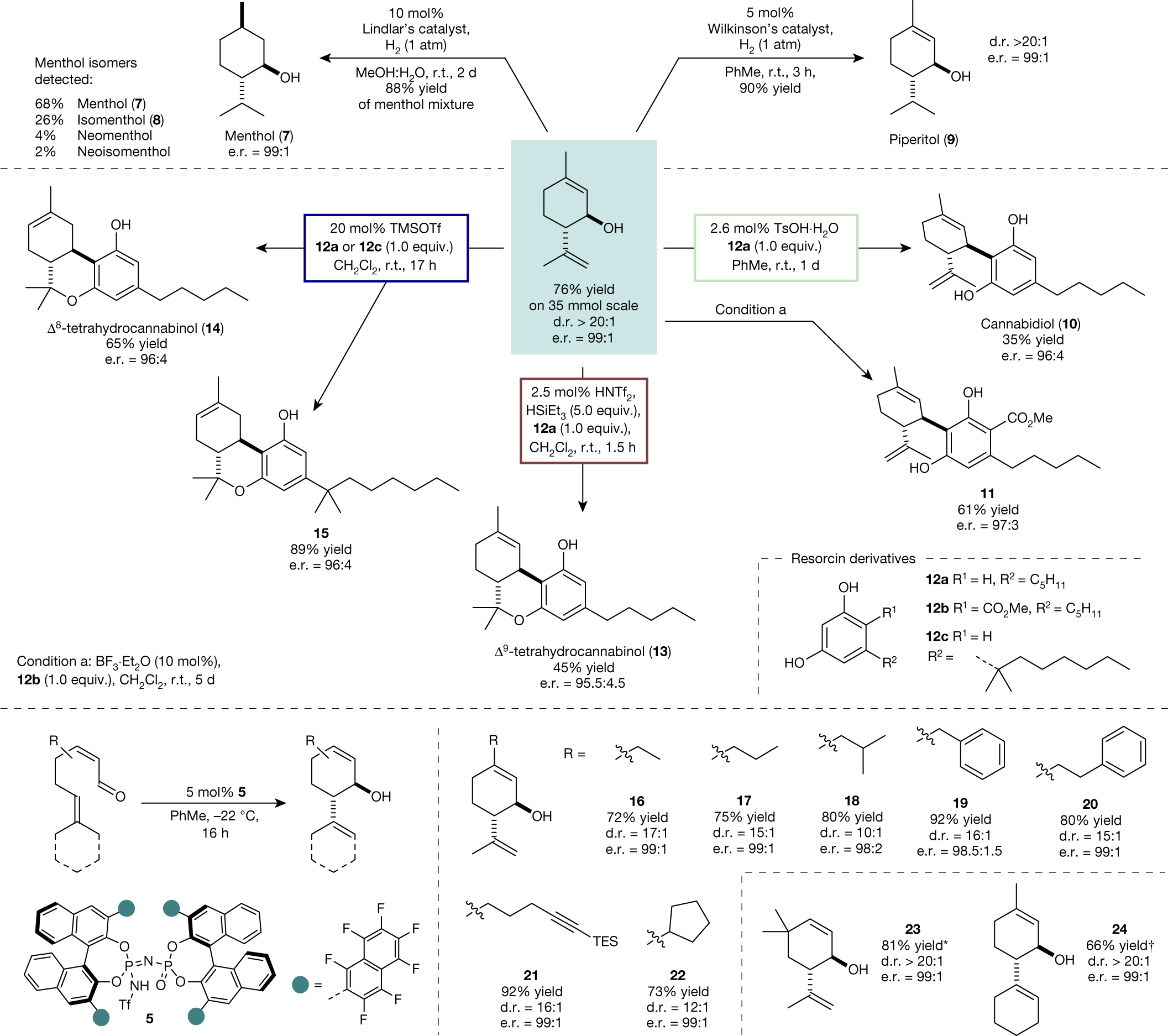 Fig. 3: Isopiperitenol as a valuable, chiral material in the syntheses of menthol, piperitol and cannabinoids.