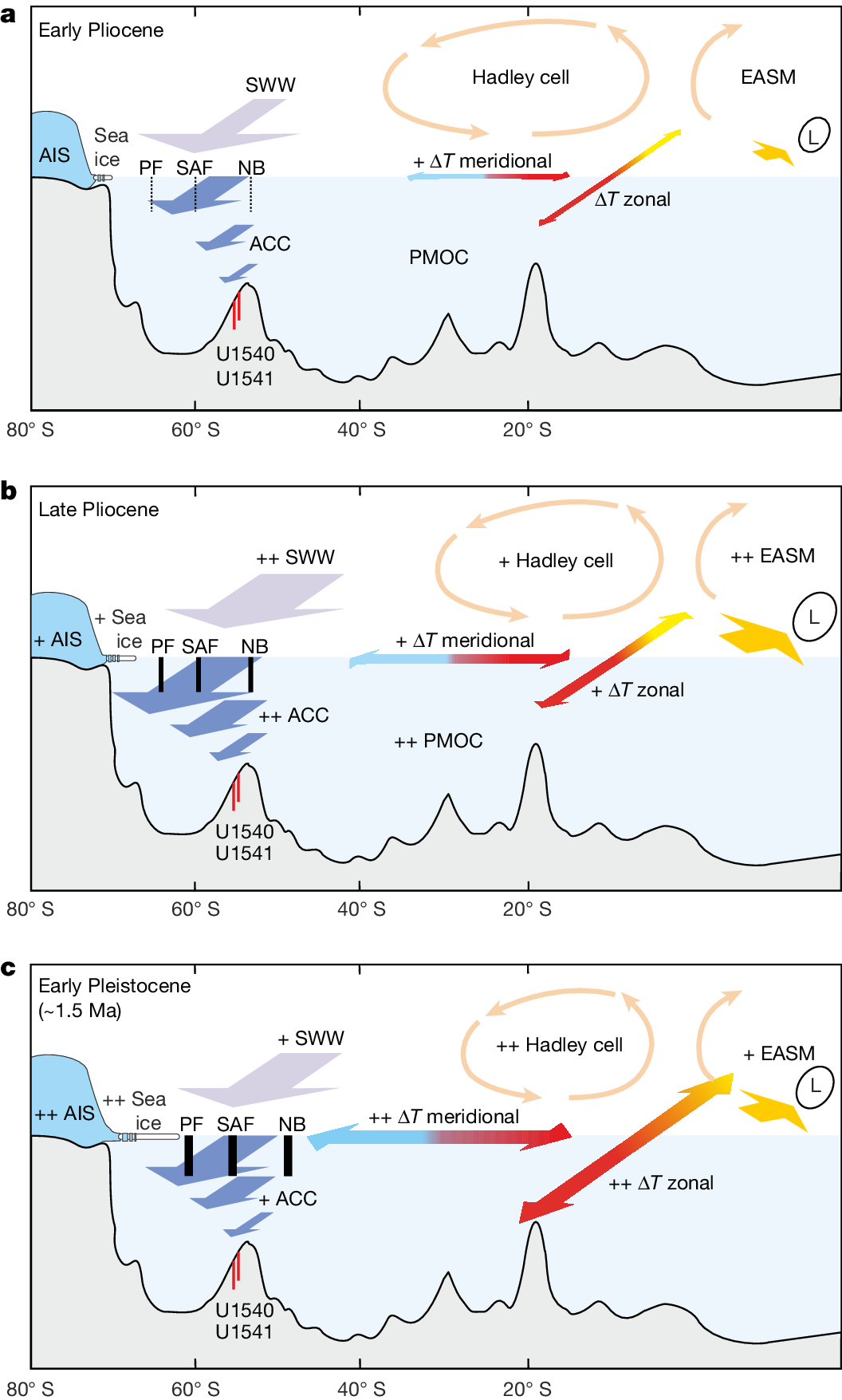 Fig. 5: Schematic illustrating key atmospheric and oceanic processes influencing million-year trends in ACC strength.