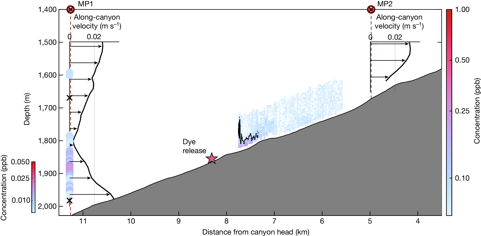 Fig. 4: Along-canyon overview of the observations showing the spread of dye along the canyon.