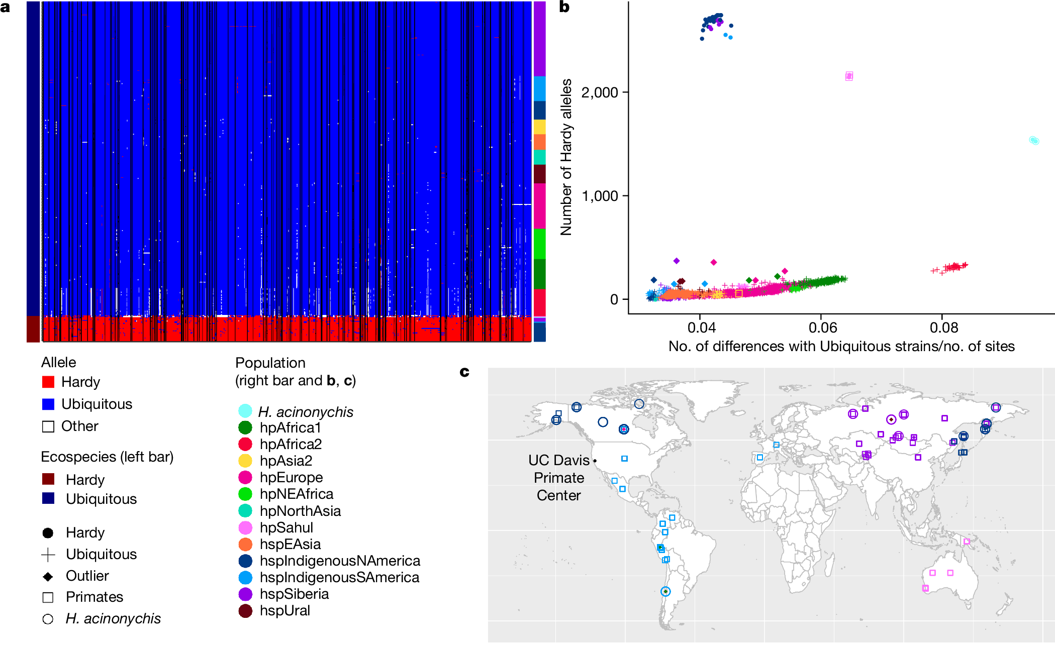 Fig. 3: Geographic distribution of Hardy and Ubiquitous haplotypes.