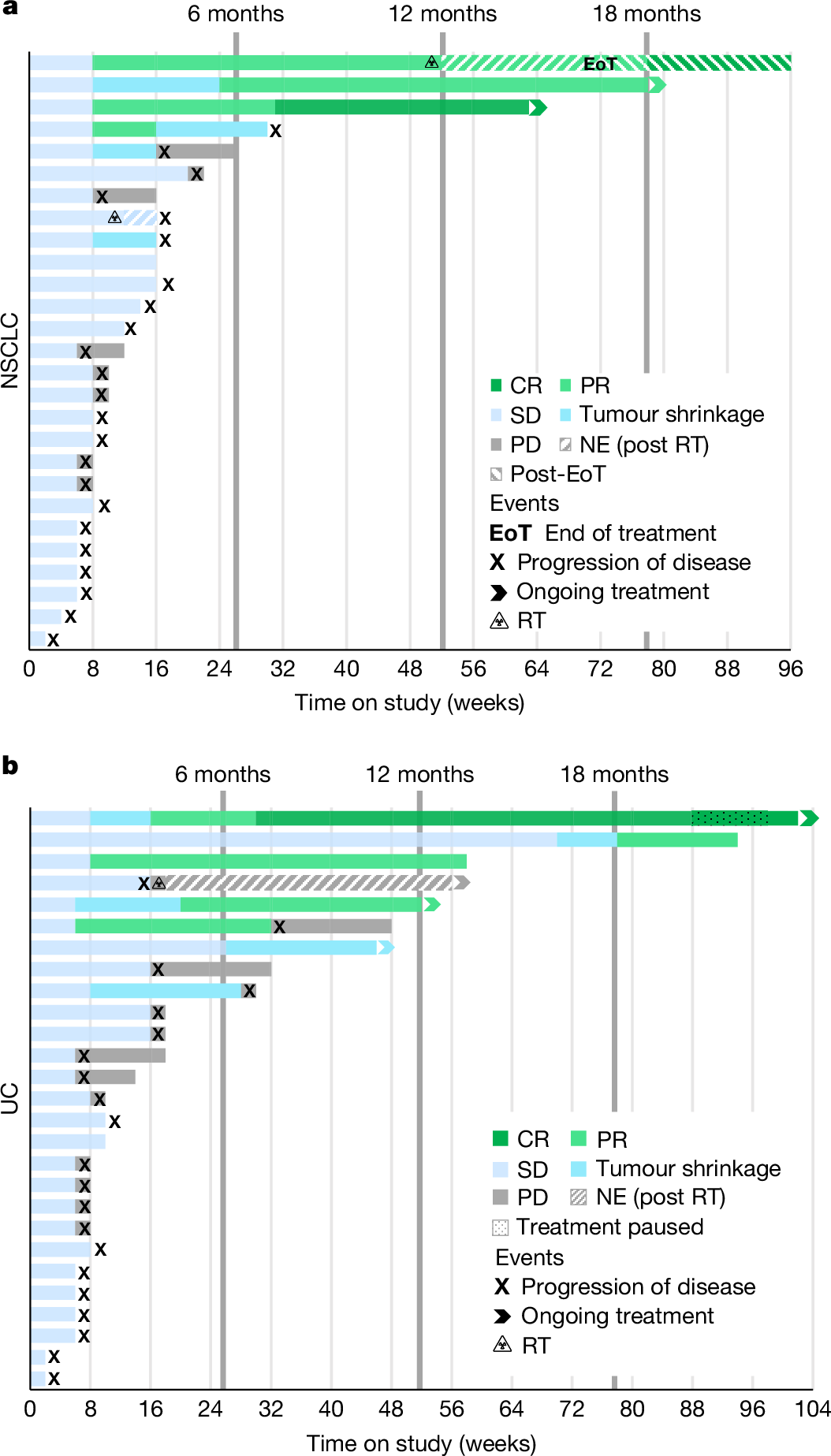 Fig. 3: Visugromab in combination with nivolumab induces remissions in a fraction of anti-PD-1/PD-L1 relapsed or refractory last-line NSCLC and UC.