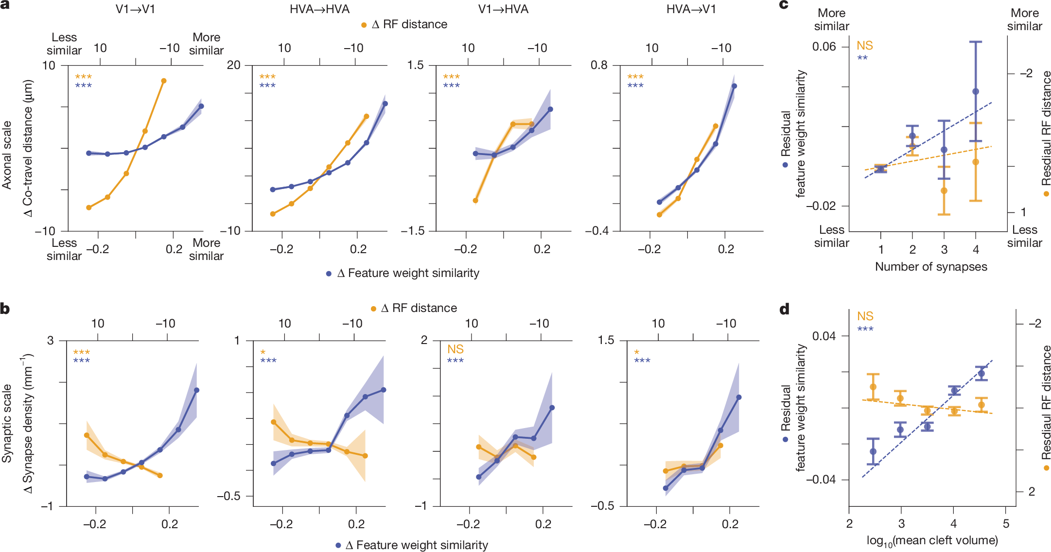 Fig. 3: Feature weight similarity predicts synaptic selectivity more accurately than RF centre distance.