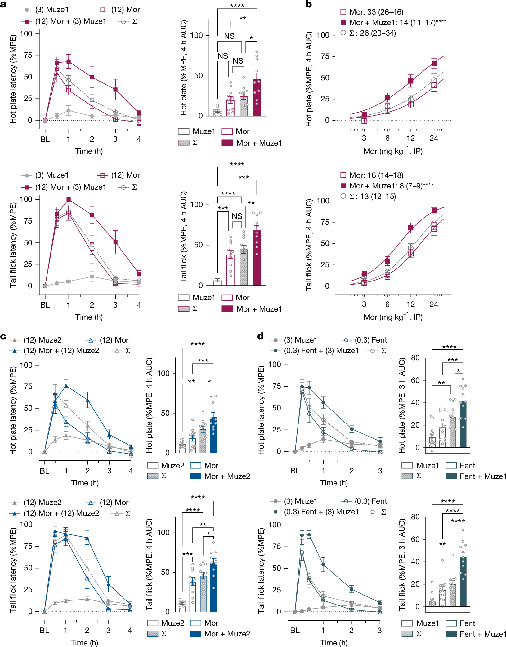 Fig. 5: GTP-release-selective agonists enhance and prolong opioid-induced antinociception in mice.