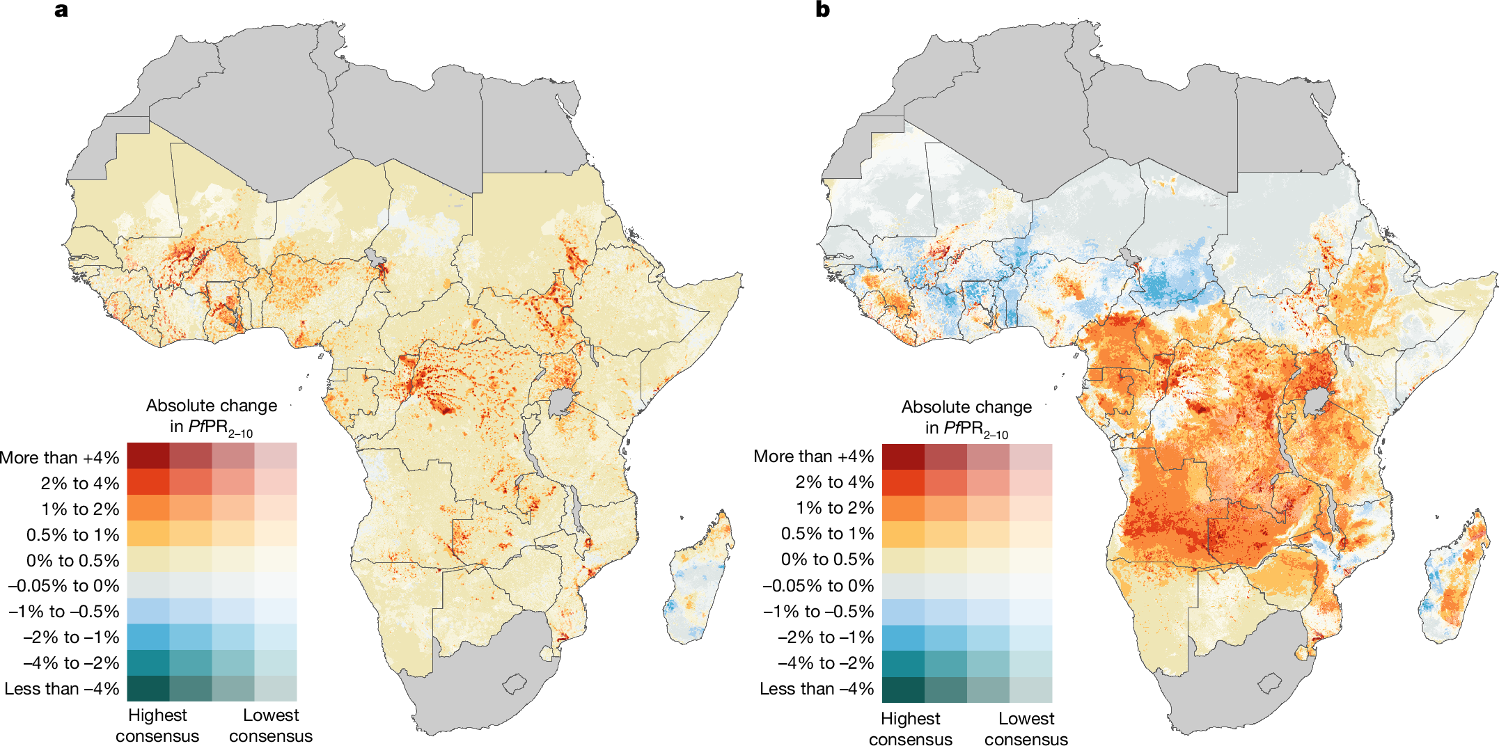 Fig. 2: Projected disruptive and combined disruptive-plus-ecological impacts of climate change on malaria transmission in the 2040s.