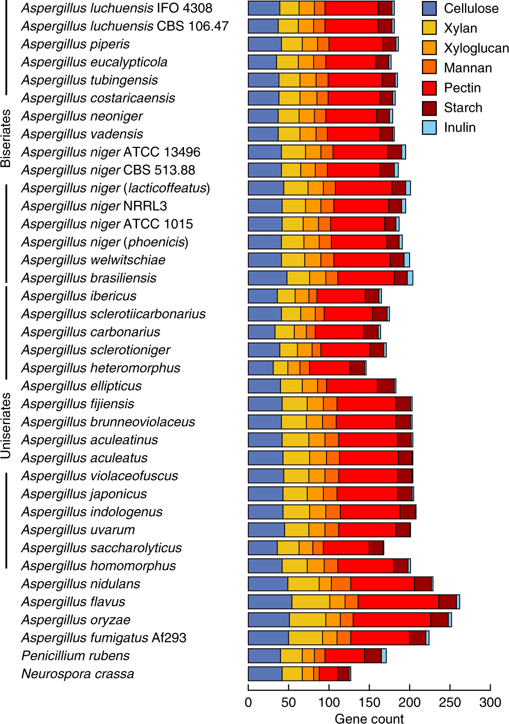 Fig. 4: Comparison of CAZyme gene content divided by target polysaccharide.