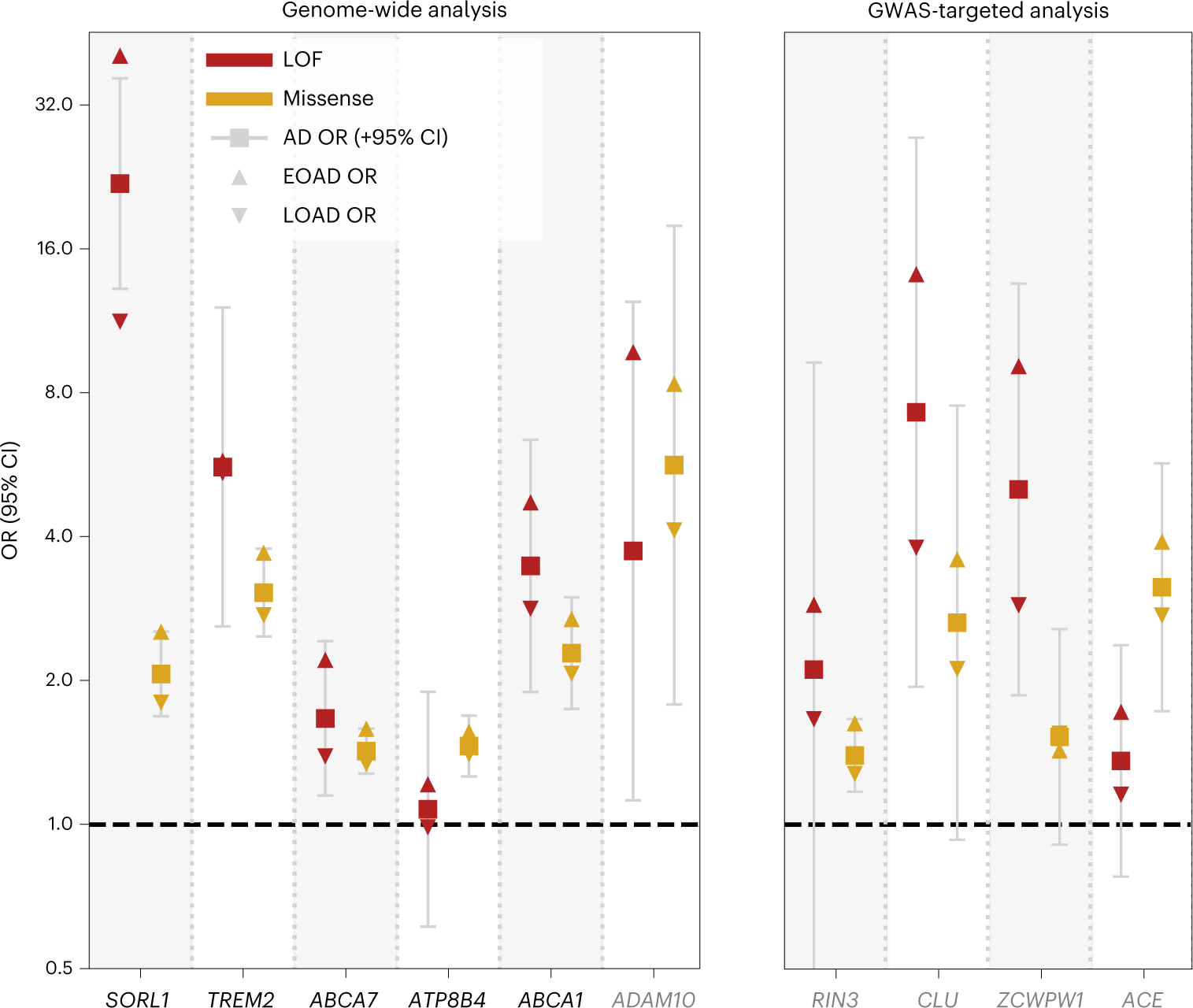 Fig. 3: ORs according to age at onset and variant pathogenicity.