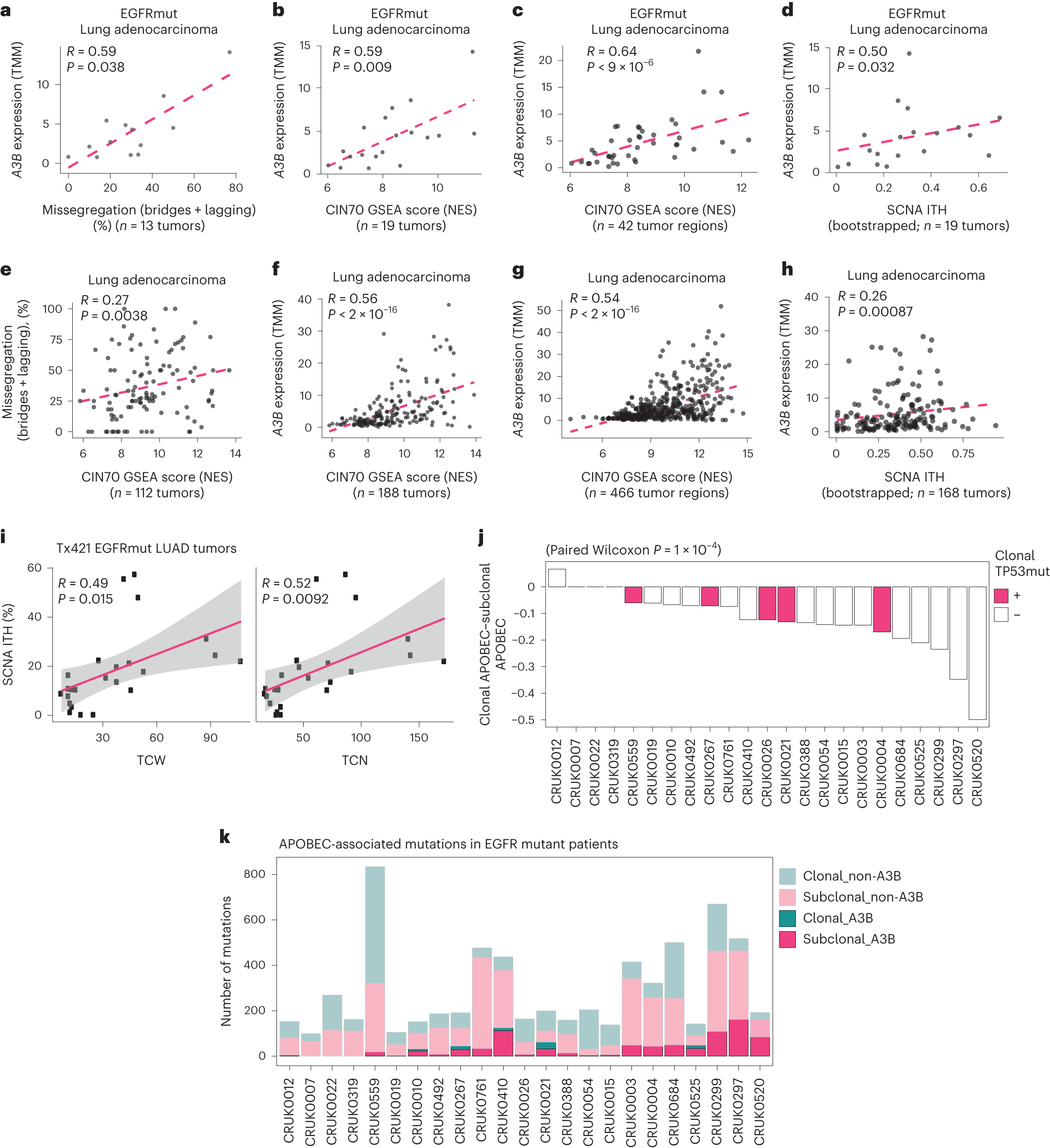 Fig. 2: APOBEC3B expression correlates with multiple measures of CIN, and APOBEC mutagenesis is subclonally enriched in TN EGFRmut patients from the TRACERx421 (Tx421) dataset.
