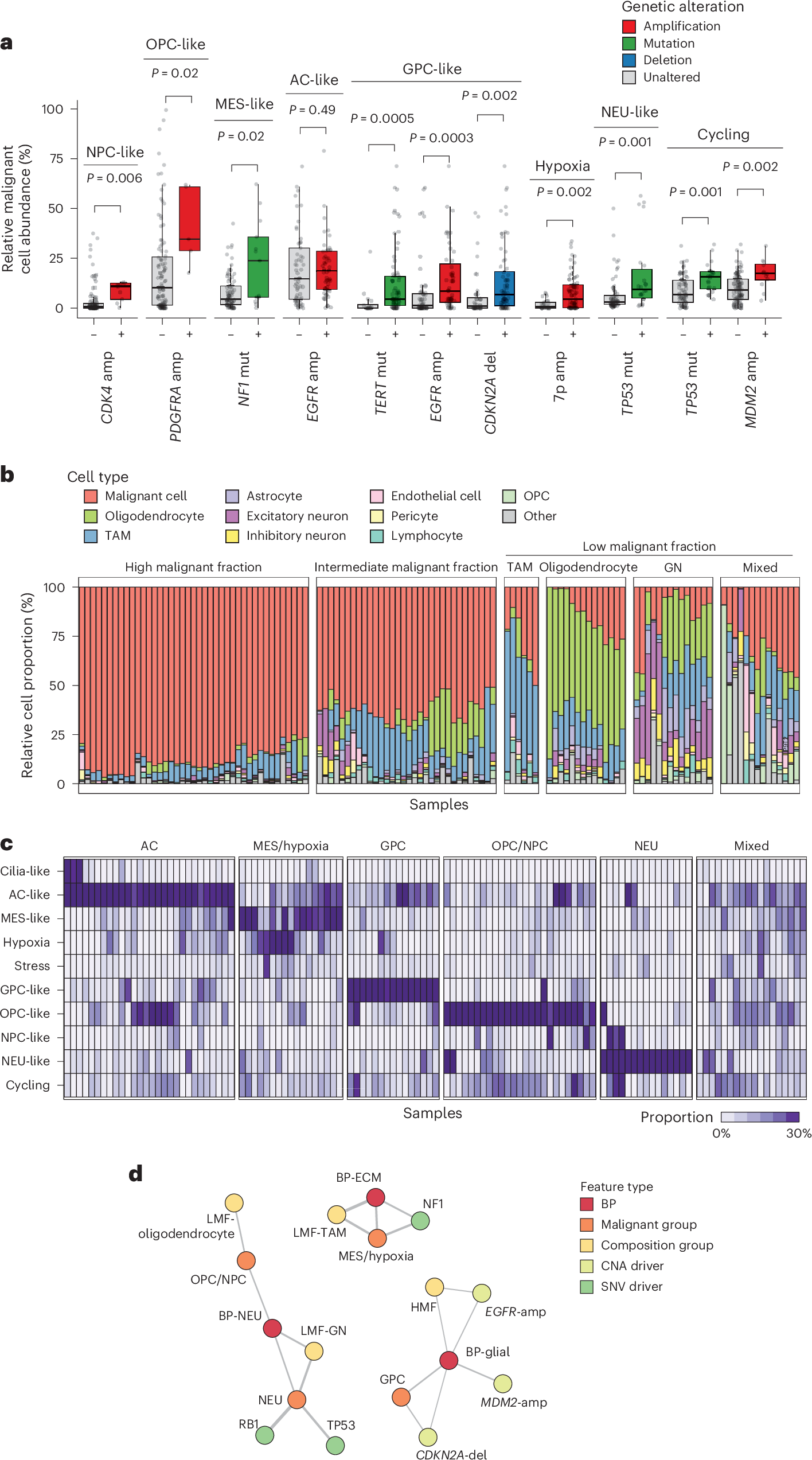 Fig. 5: Genetic associations with transcriptional states and GBM multilayered ecosystems.