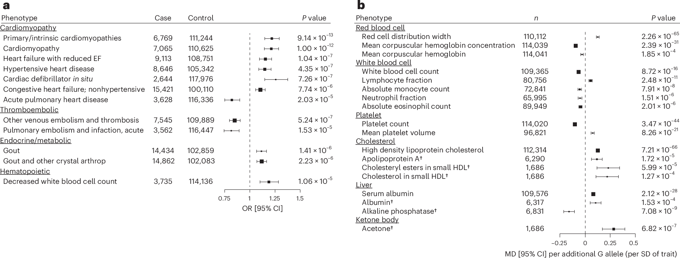 Fig. 2: Associations of 
                        rs3211938
                        
                       with binary outcomes and continuous traits from a phenome-wide association analysis.