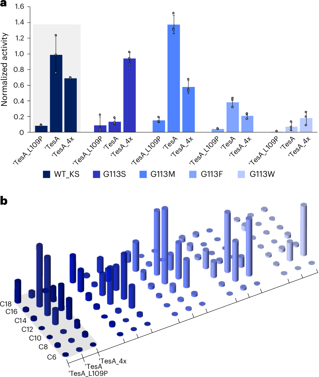 Fig. 4: In vitro analysis of 12 mFAS/‘TesA hybrids engineered in KS and ‘TesA.