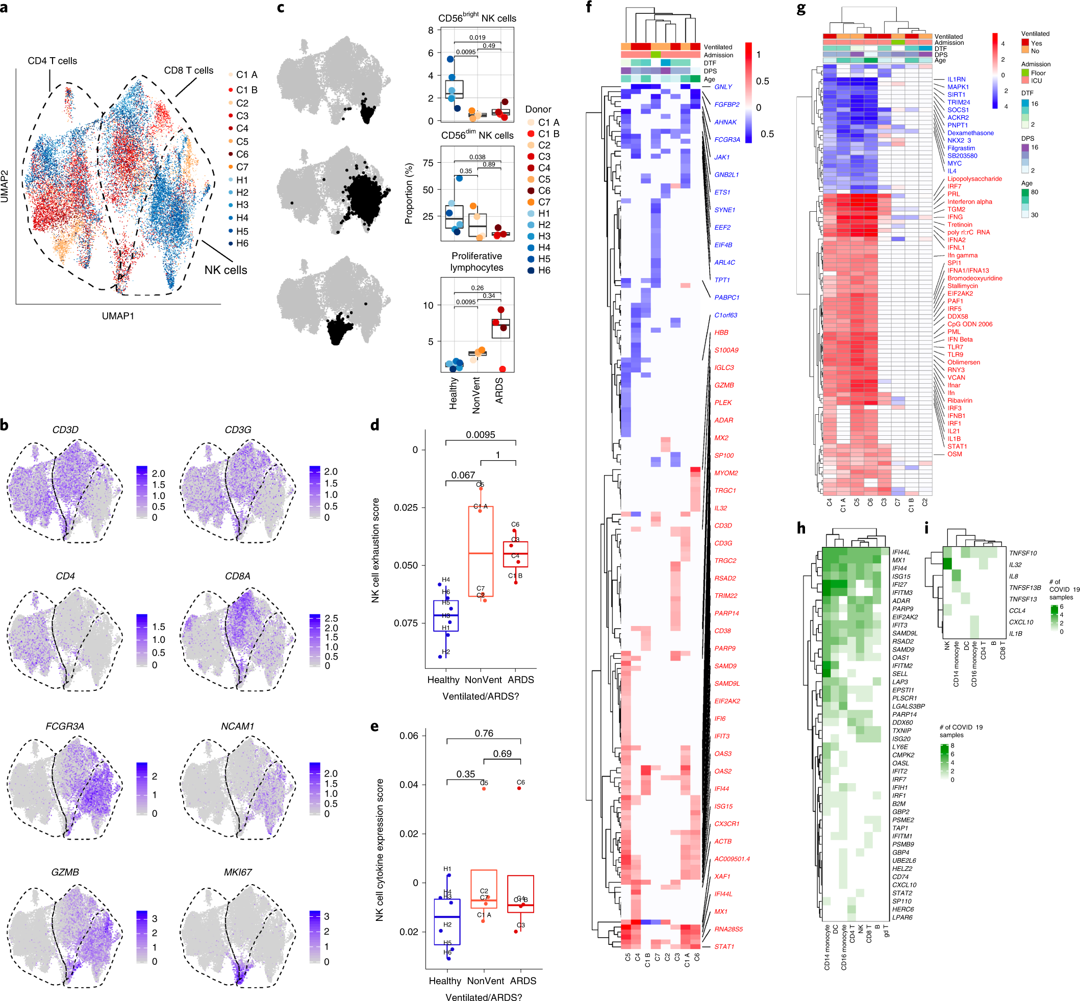 Fig. 3: Heterogeneous patterns of NK cell exhaustion and IFN response in COVID-19.