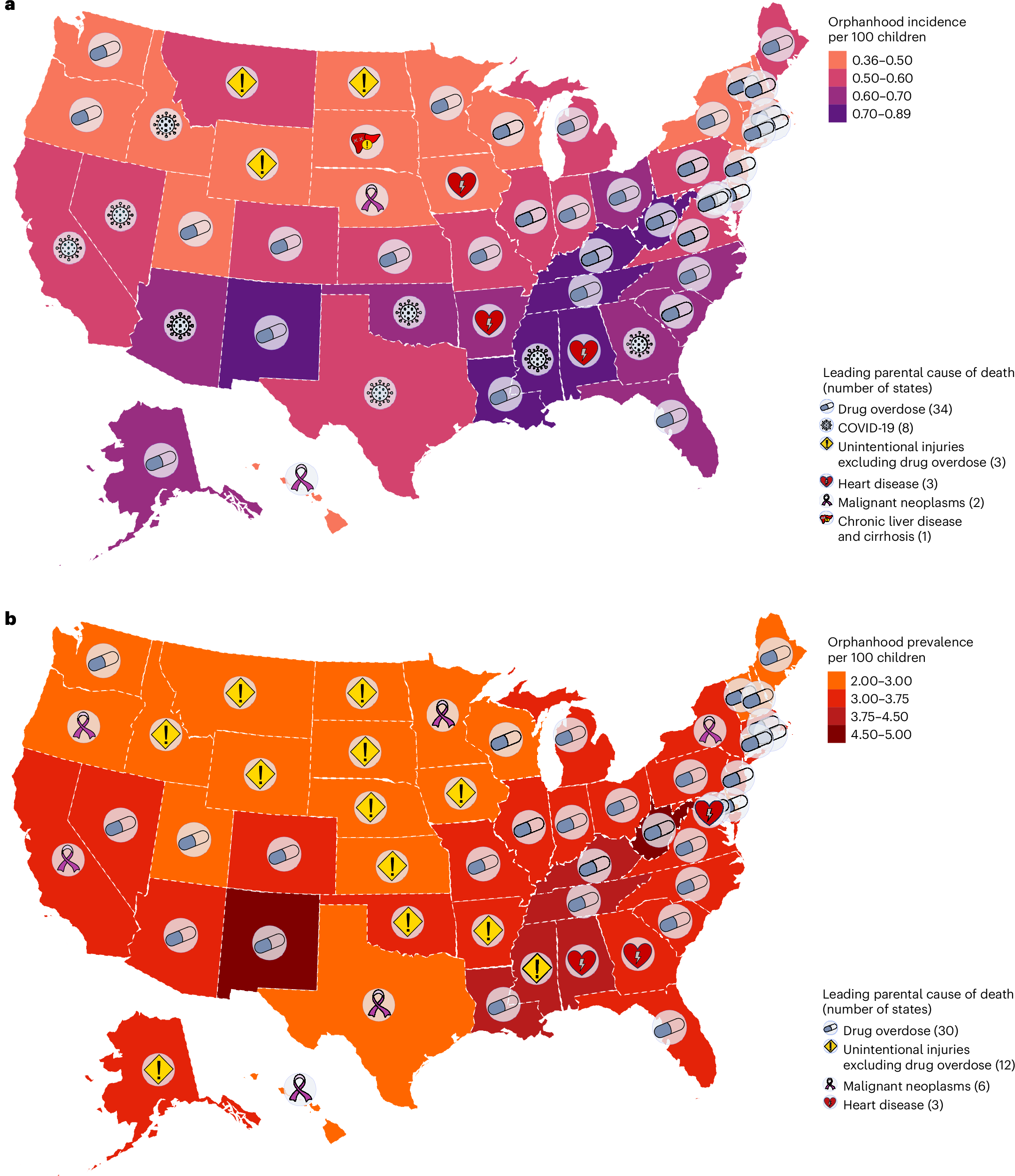 Fig. 4: Spatial distribution of US children experiencing orphanhood in 2021.
