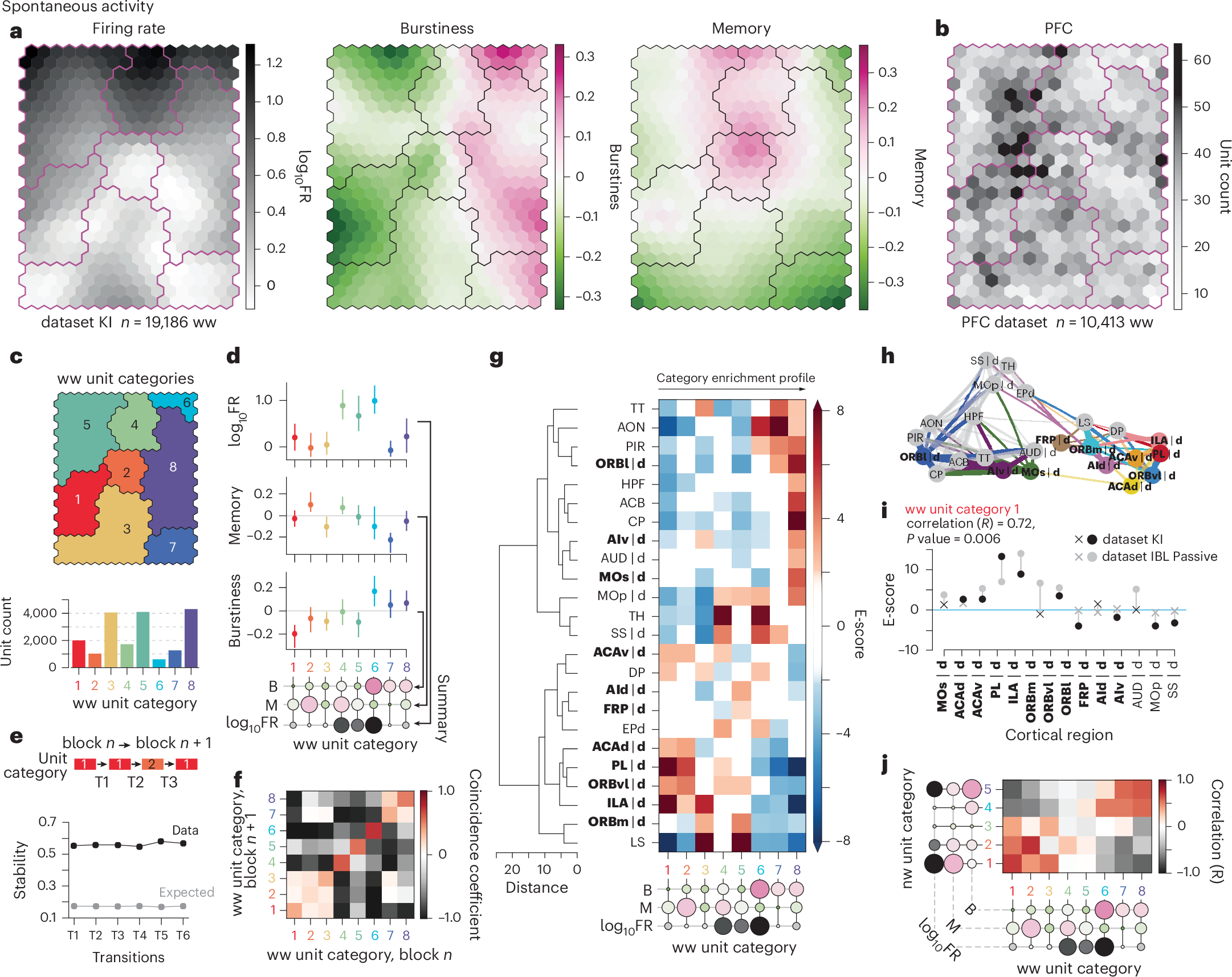 Fig. 2: Brain regions have distinct spontaneous firing patterns, with a low-rate, regular-firing signature of PFC subregions.