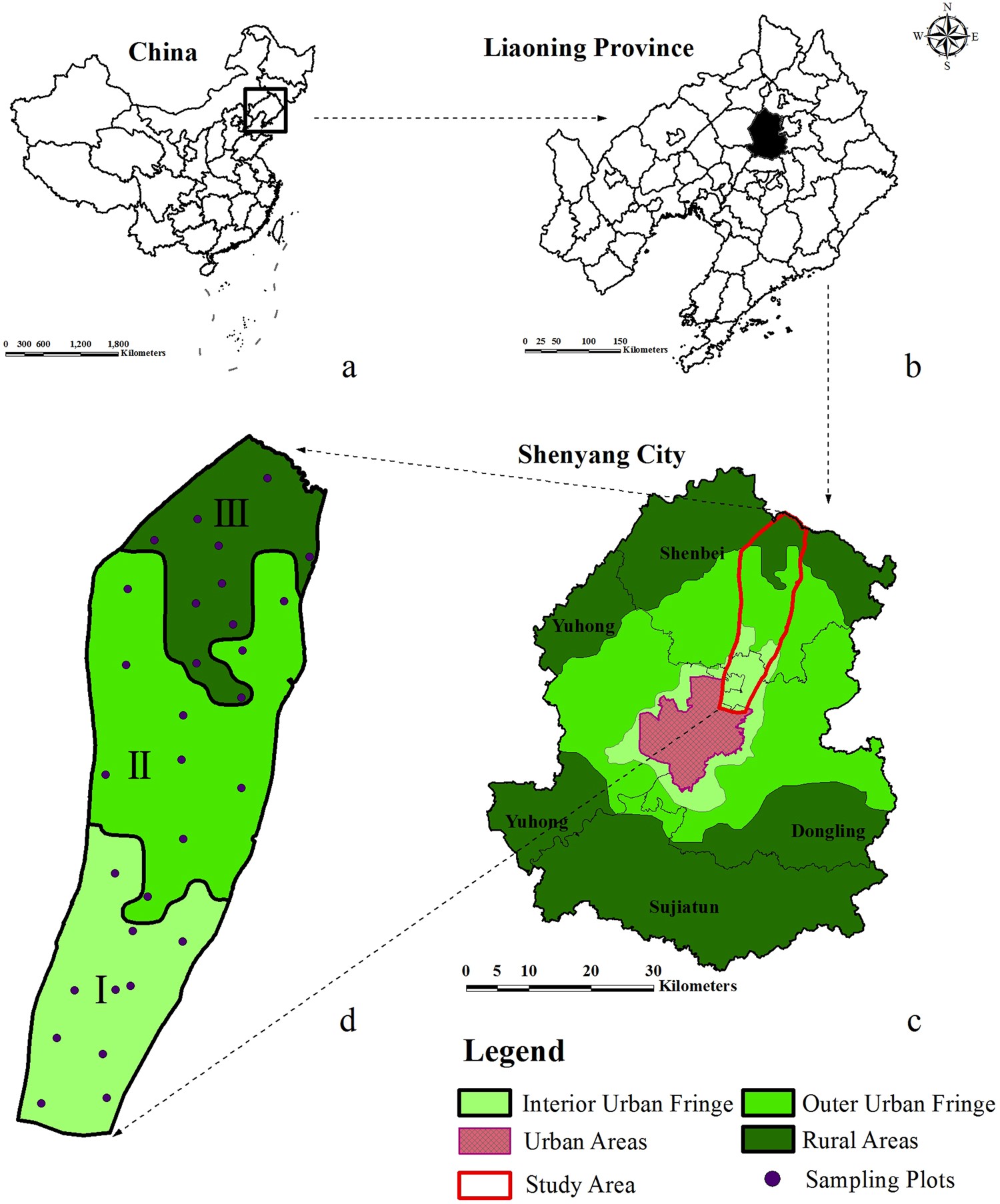 Fragmentation dynamics of (a) urban edge density (ED, m ha−1), (b)