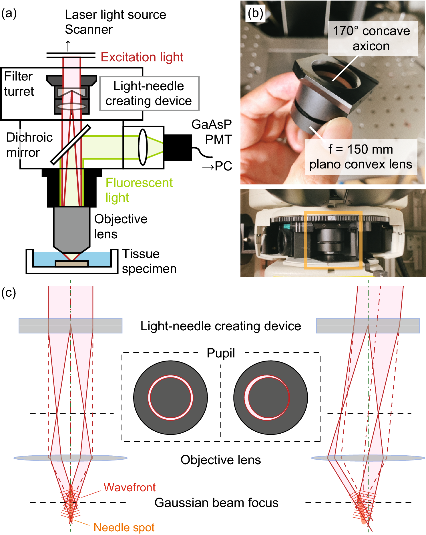 Single-scan volumetric imaging throughout thick specimens by one-touch installable light-needle creating device |