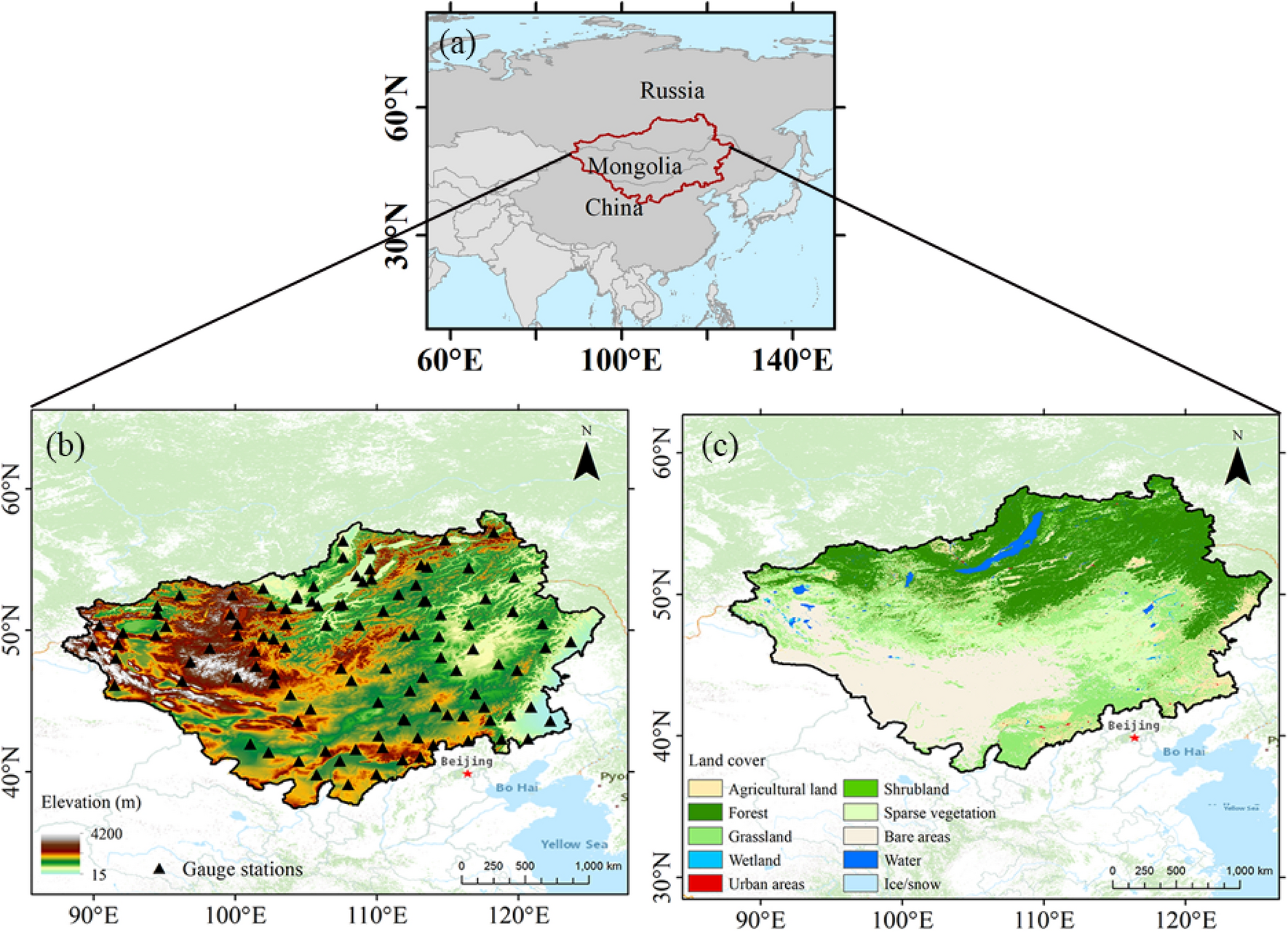 Location of the national weather station (rain gauges) and topography