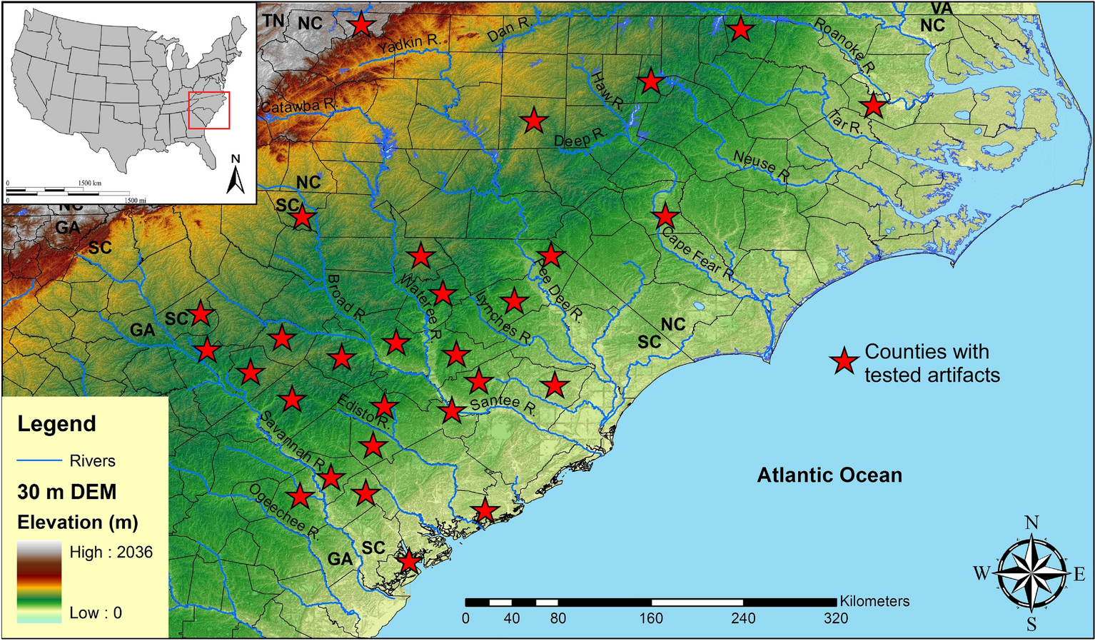 Map displaying locations of seven study sites in the Appalachian