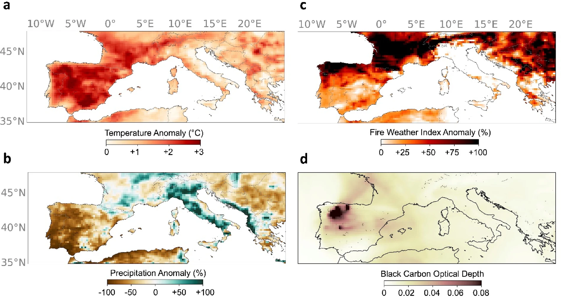A lengthy spell of blistering heat fueled major wildfires in August 2025. a) Air temperature in August 2025 relative to the 1981–2010 mean. b) Precipitation in August 2025 relative to the 1981–2010 mean. c) Fire Weather Index (FWI) in August 2025 relative to the 1981–2010 mean. d) Black Carbon Optical Depth (BCOP) on 17 August 2025.