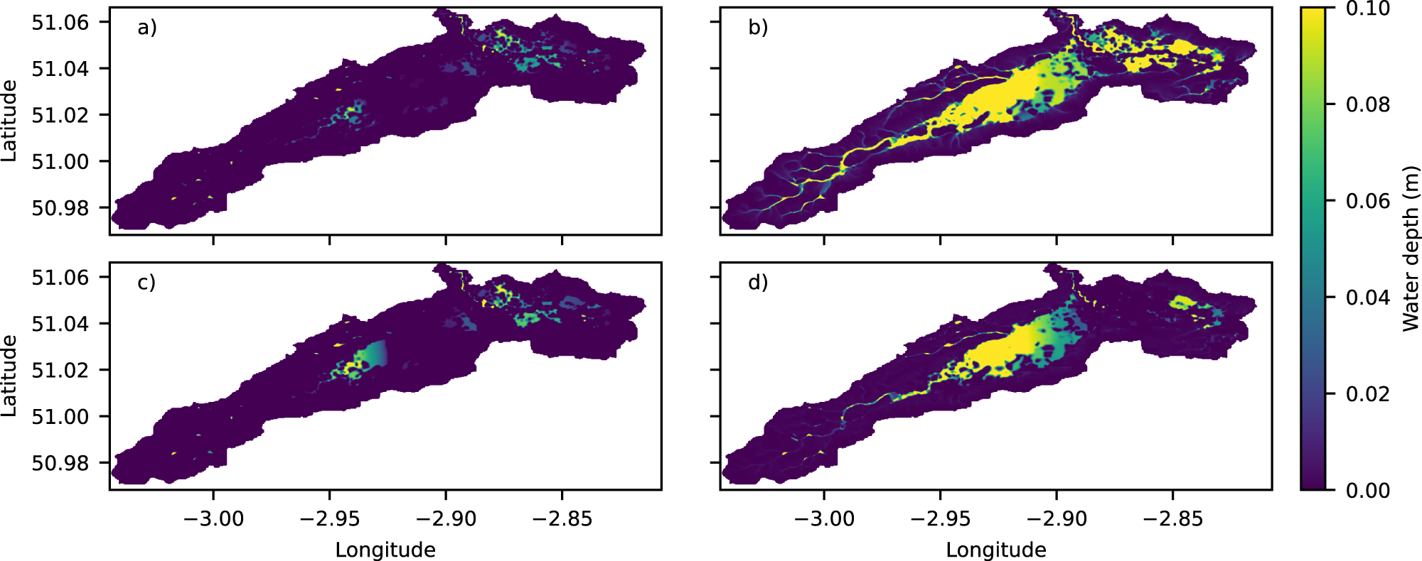 Fig. 3: Flood map for different climate driver ensemble members and parameter sets.