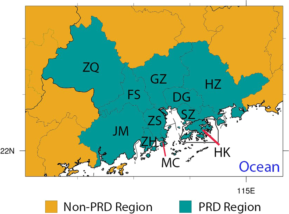 Fig. 5: The D3 domain that covers the PRD Region in the WRF-CMAQ simulation.