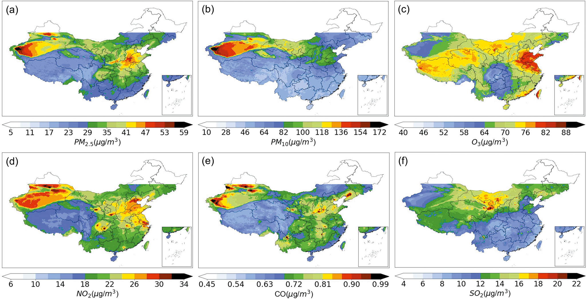 Fig. 2: Spatial distributions of annual mean concentrations for six air pollutants.