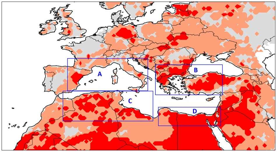 Áreas mais afetadas por secas no Mediterrâneo