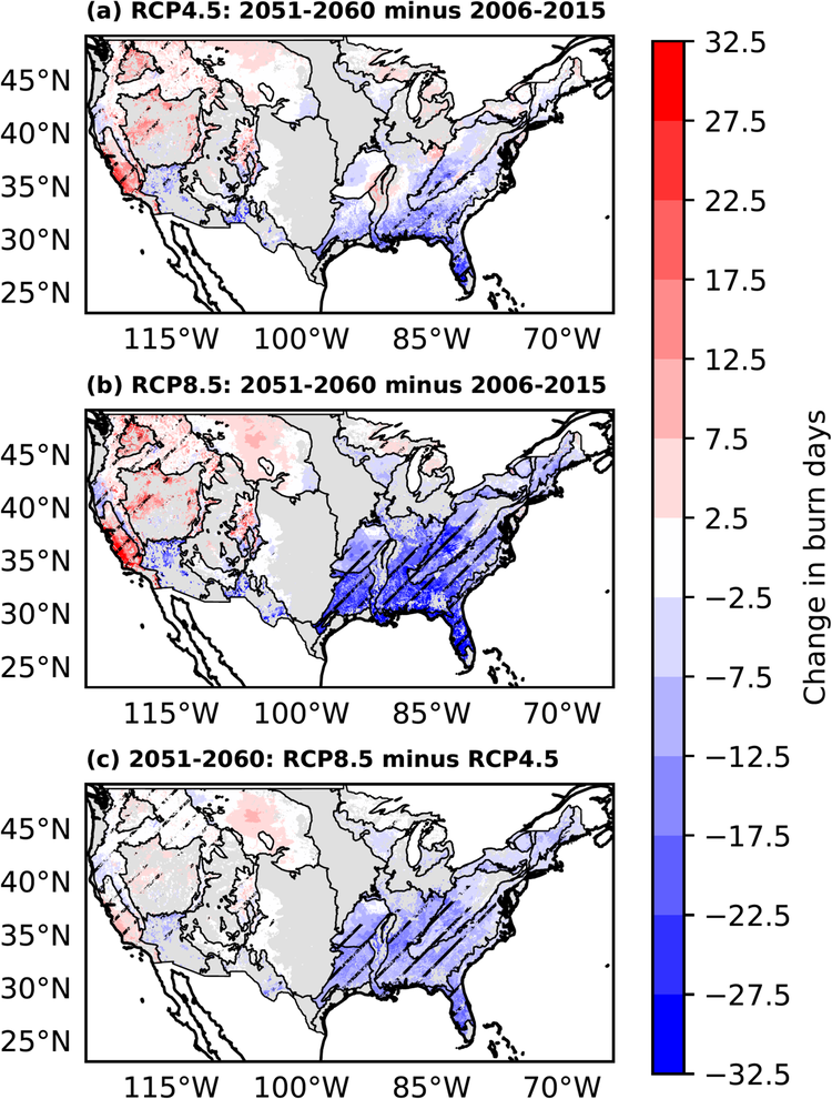 Fig. 2: Multi-model mean difference in the number of burn days.