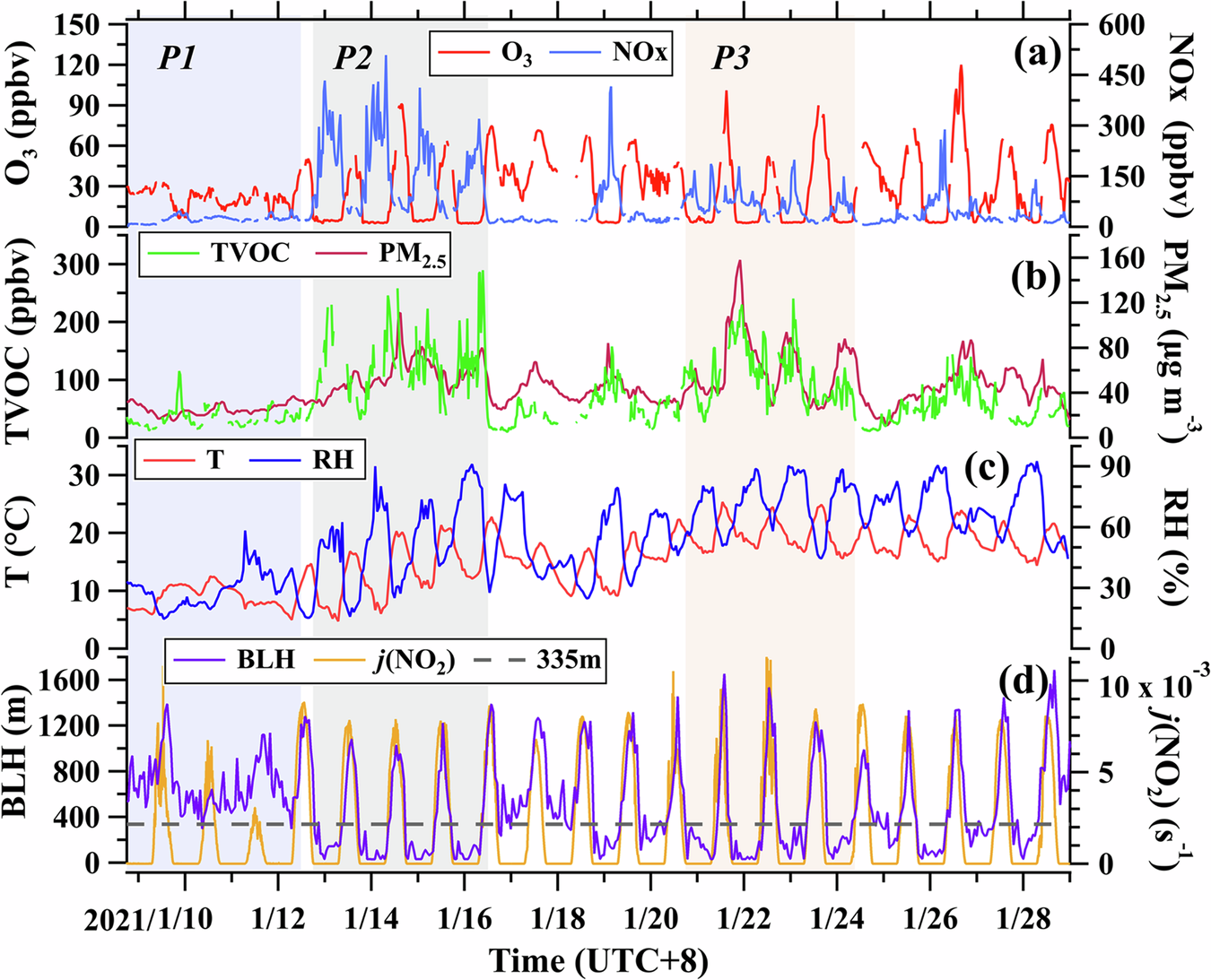 Fig. 1: Time series of concentrations of chemical species along with meteorological parameters at ground level during the campaign.