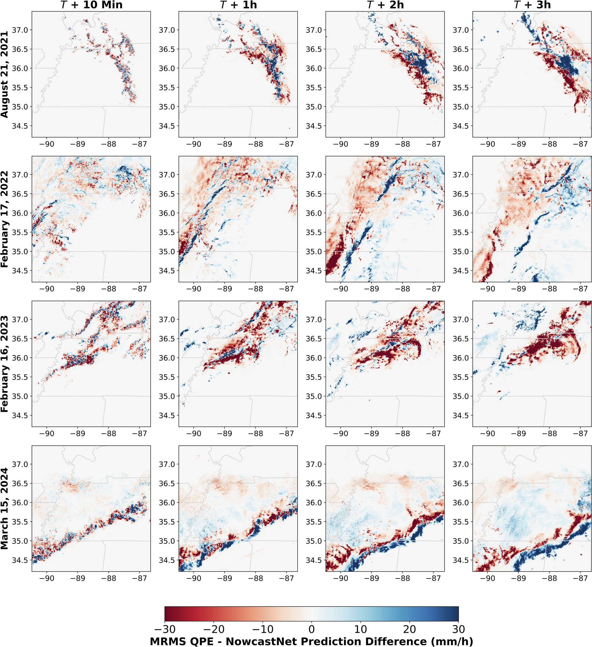 Fig. 5: Precipitation prediction discrepancies from NowcastNet at varying lead times for four extreme rainfall events.
