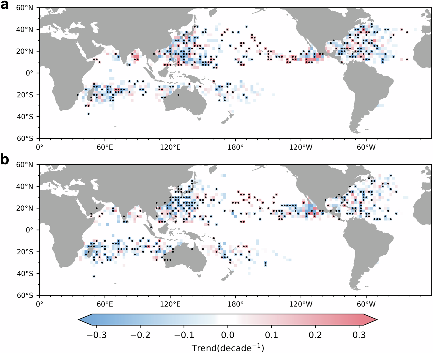 Fig. 3: Global spatial distribution of linear trends in annual RR RI and RD counts of the TC total rainfall area based on the TMPA dataset (1998–2019).