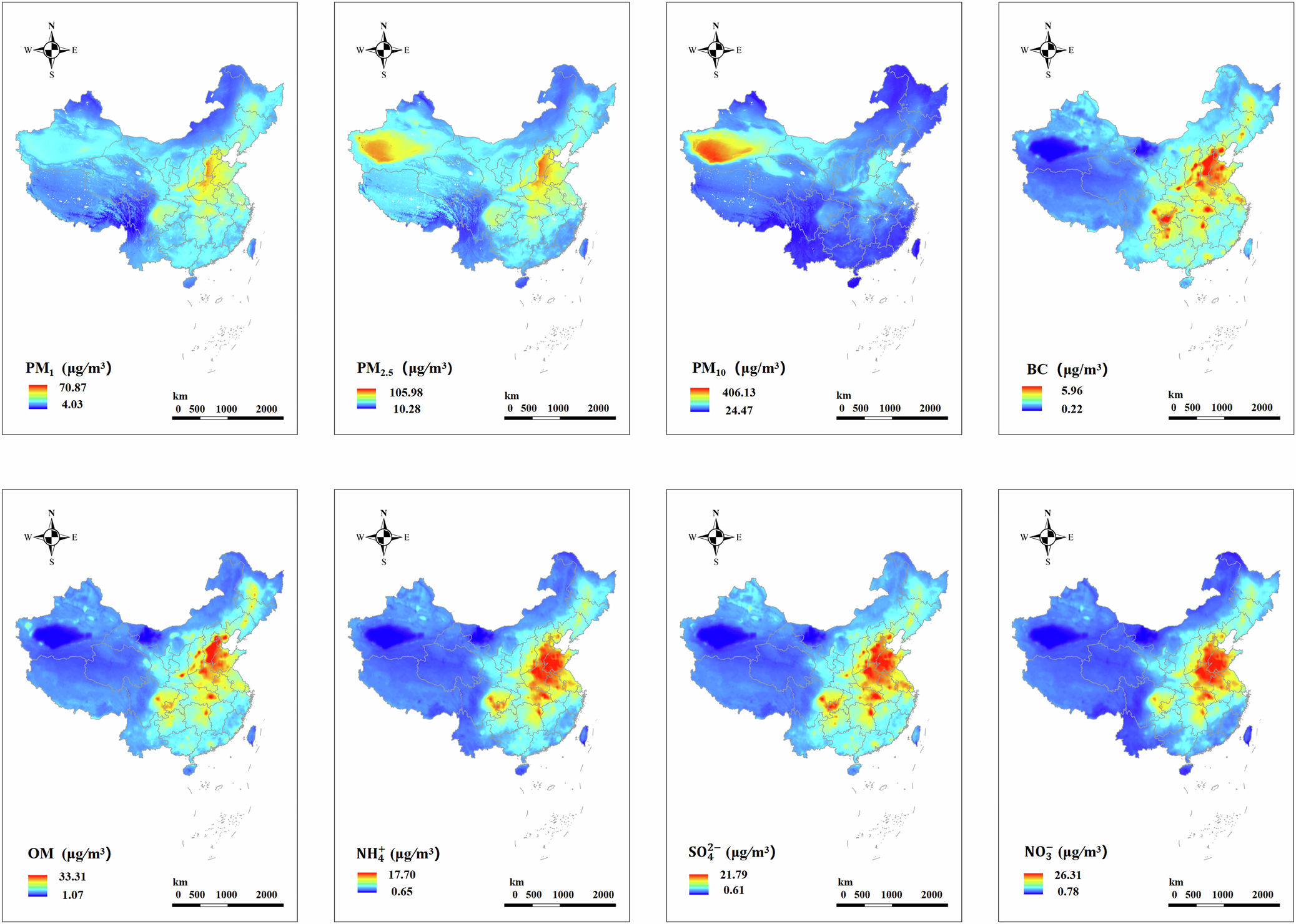 Fig. 1: Average Exposure Concentration Distribution of Particulate Matter and Its Components from 2010 to 2015.