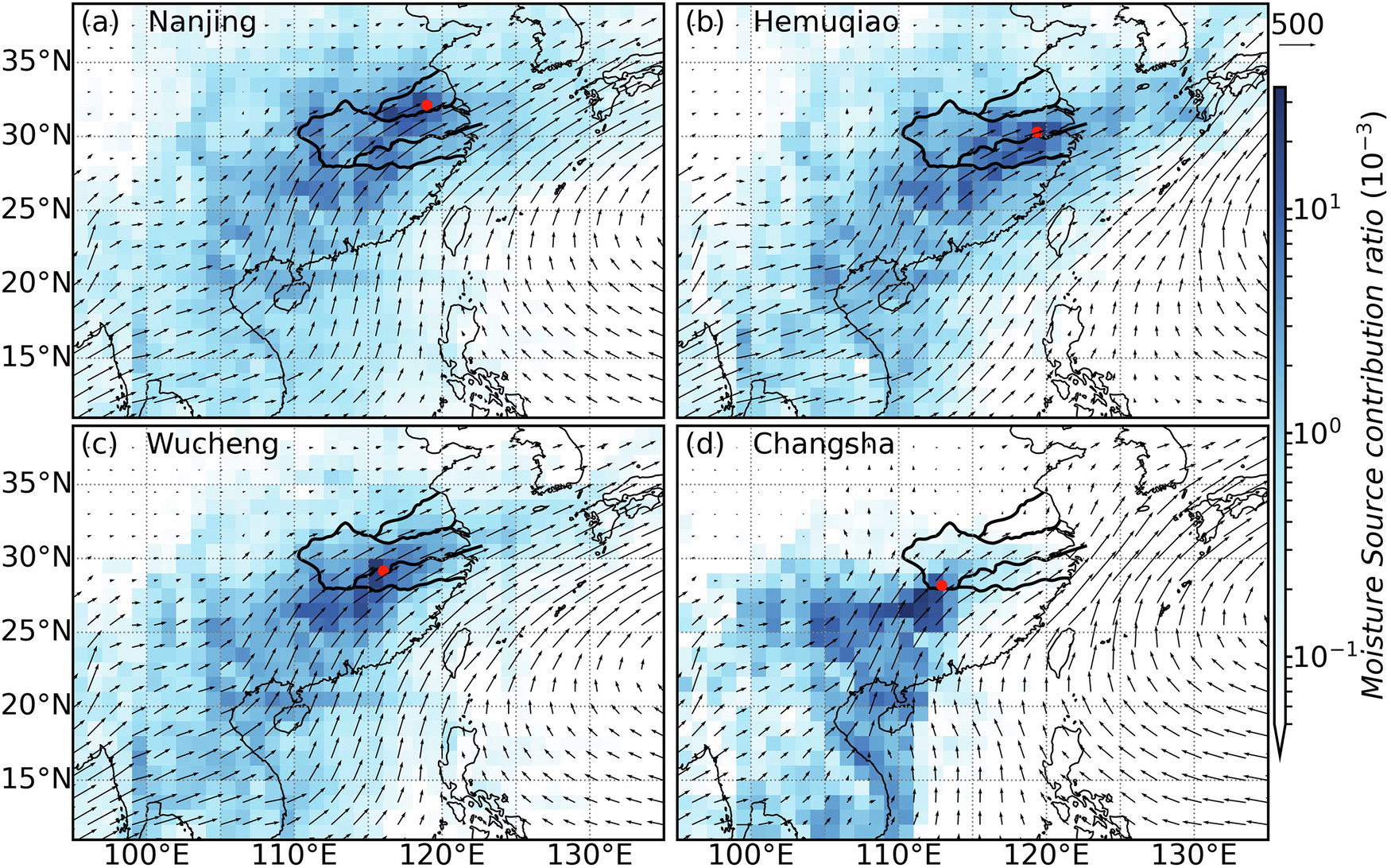 Fig. 8: Lagrangian moisture sources for Meiyu season precipitation.