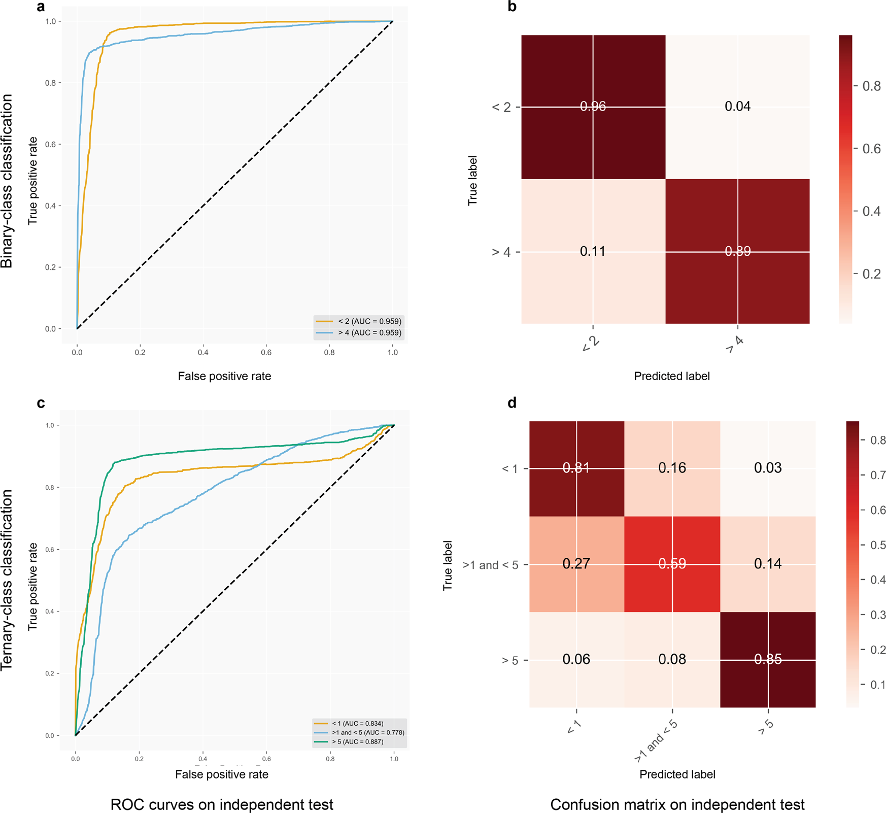 Fig. 3: Performance assessment of the GINTopK model in terms of ROC curves and confusion matrix on the independent test.