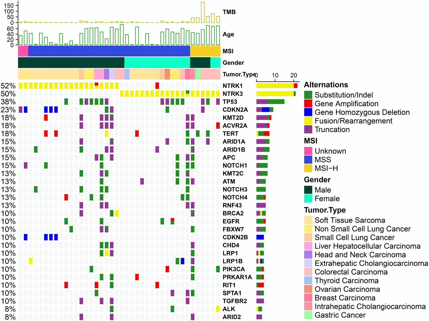 Fig. 2: Comprehensive genomic profiling of 40 NTRK fusion-positive patients.