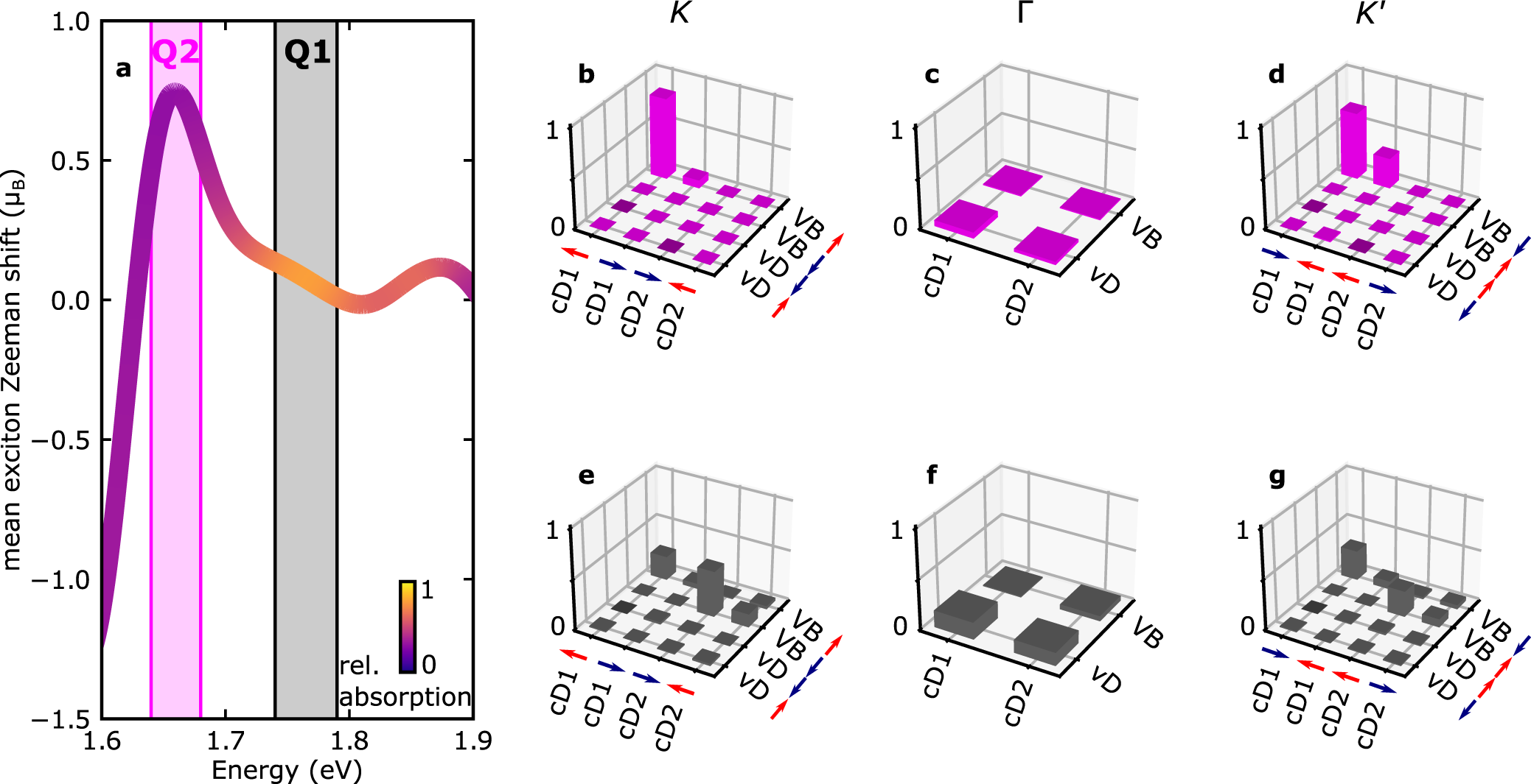 Fig. 5: GW-BSE results for optical absorption, exciton Zeeman splitting, and transition contributions.