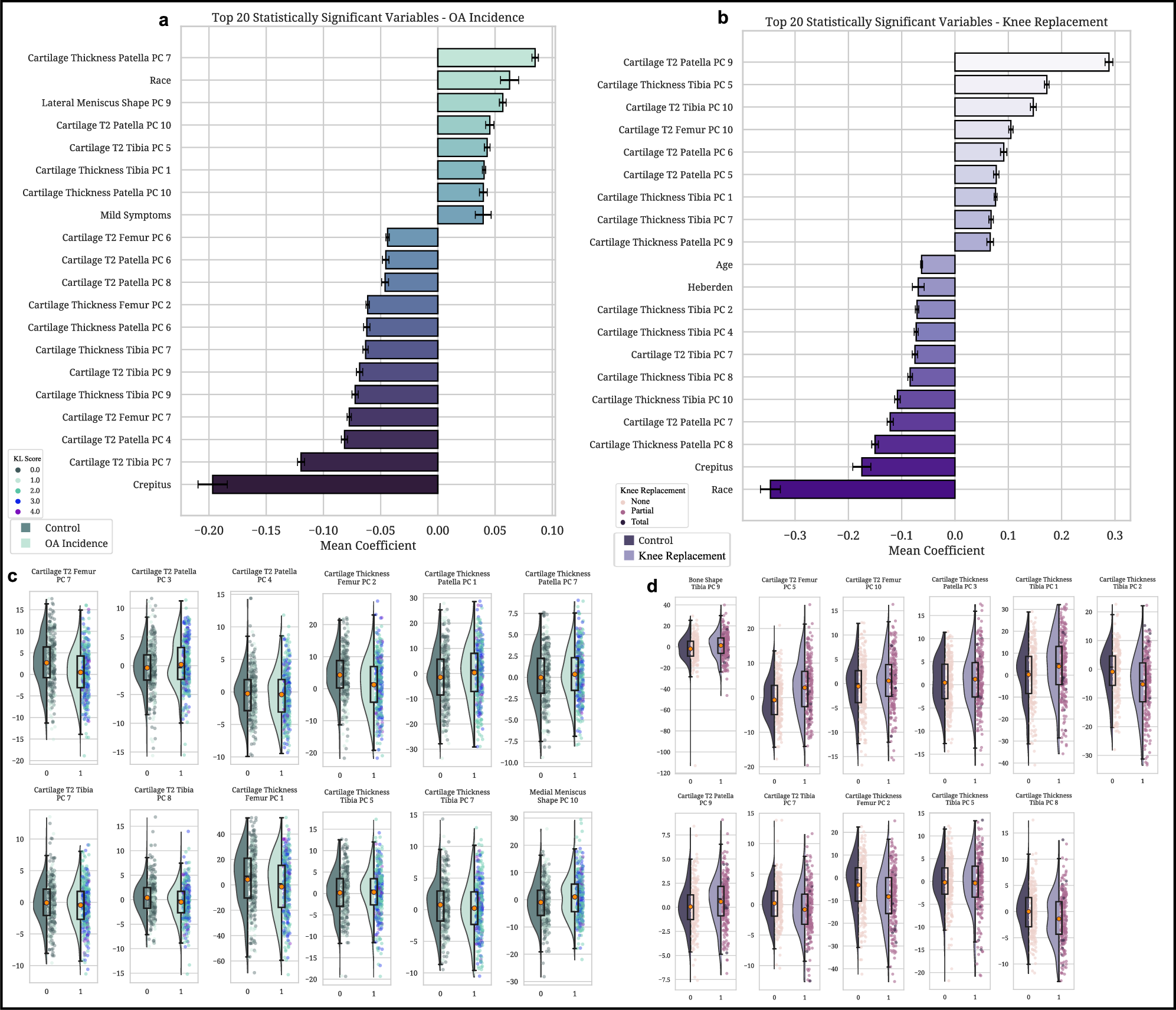 Fig. 5: Stability selection and distribution of imaging biomarkers from multivariate analysis of OA incidence and knee replacement outcomes.