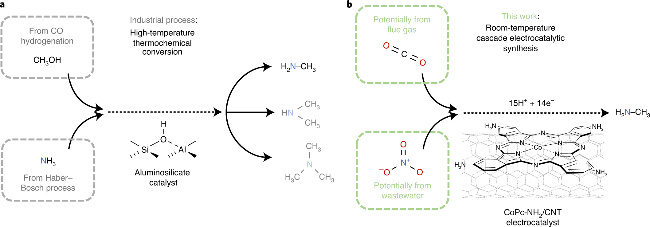 Direct electrosynthesis of methylamine from carbon dioxide and nitrate |  Nature Sustainability