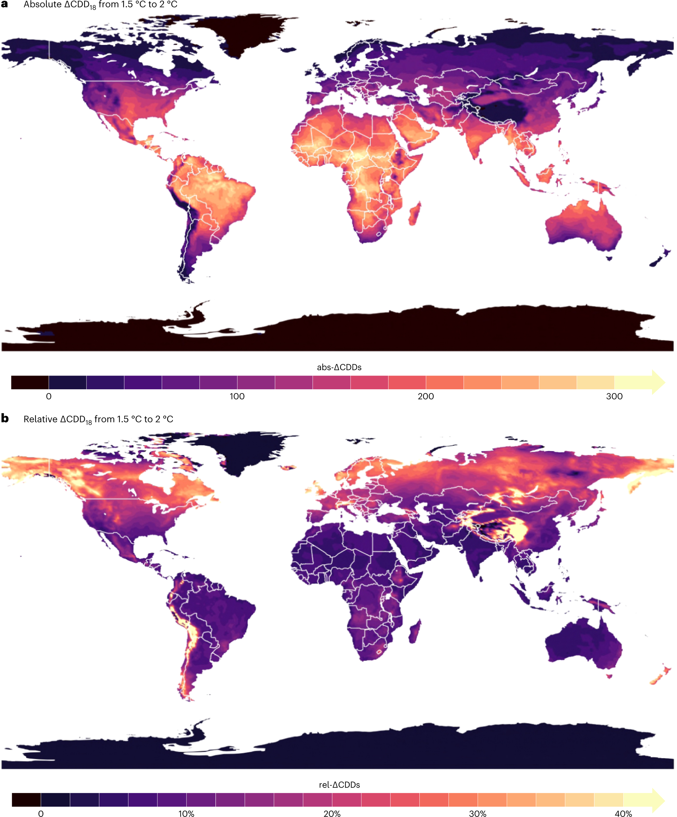 Change in cooling degree days with global mean temperature rise increasing  from 1.5 °C to 2.0 °C | Nature Sustainability