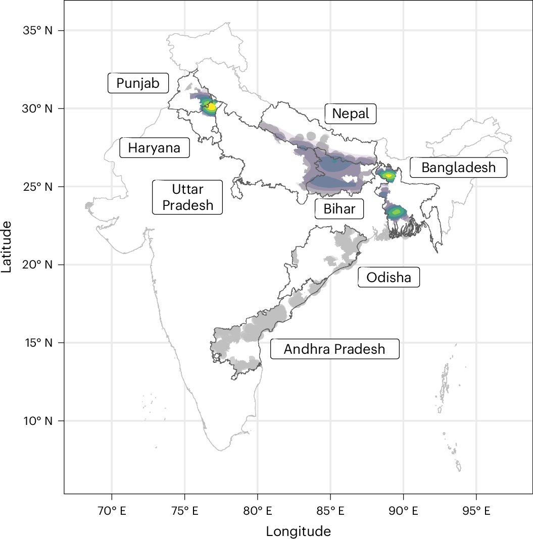 Fig. 1: Sample location density for all rice fields used in the analysis.