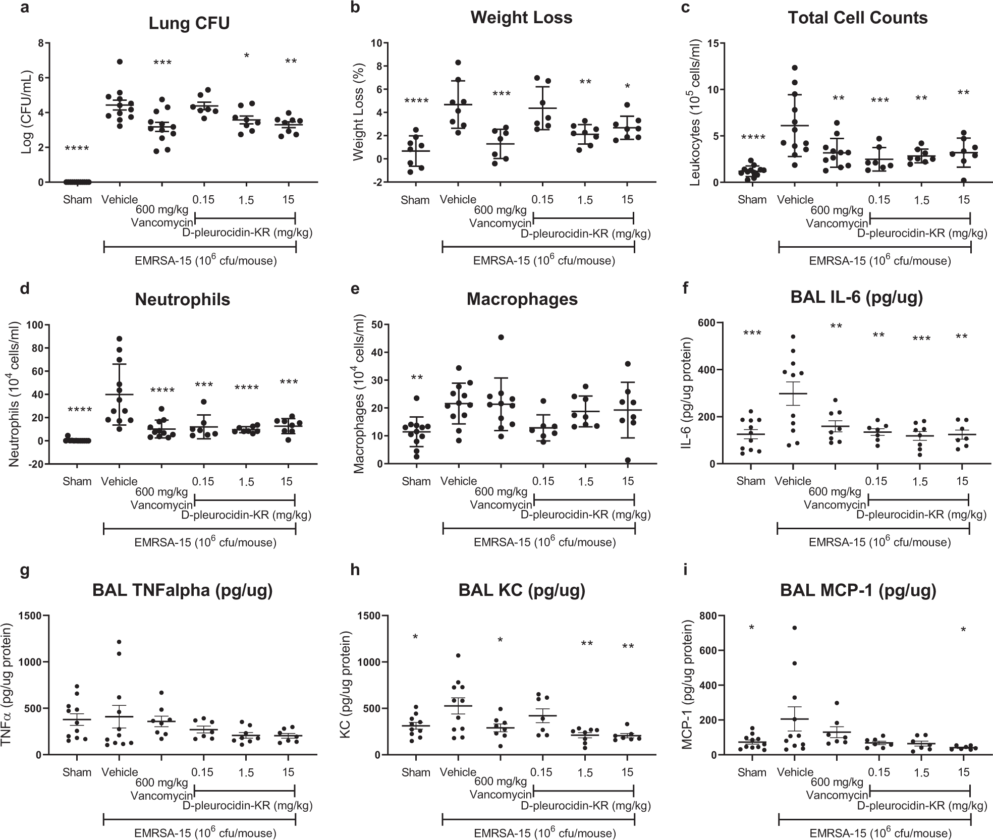 Fig. 5: Systemically delivered d-pleurocidin-KR is effective in a murine model of EMRSA-15 lung infection.