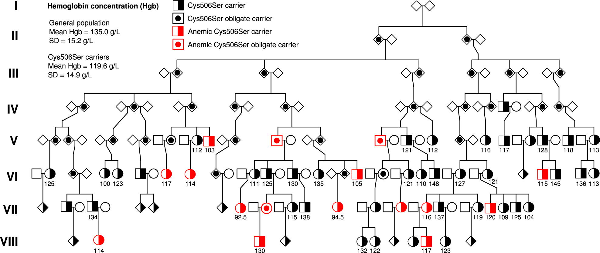 Fig. 1: Pedigree of carriers of Cys506Ser in ACO1.