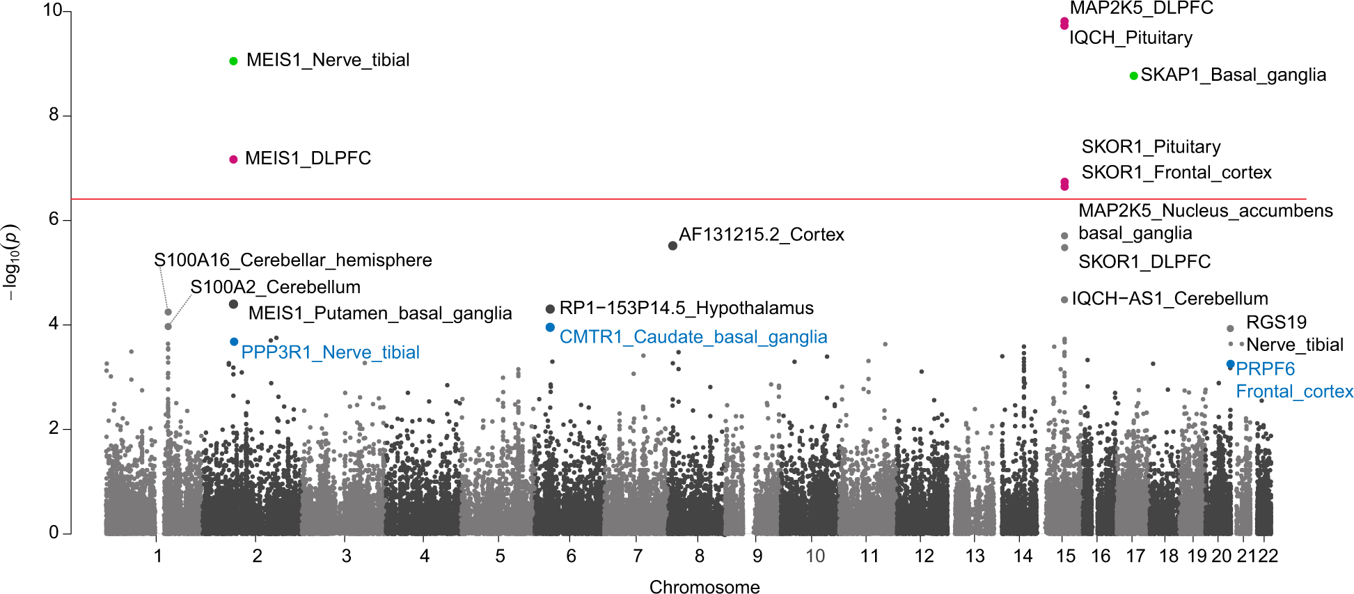 Fig. 3: Manhattan plot of restless legs syndrome (RLS) transcriptome-wide association study (TWAS) gene models.