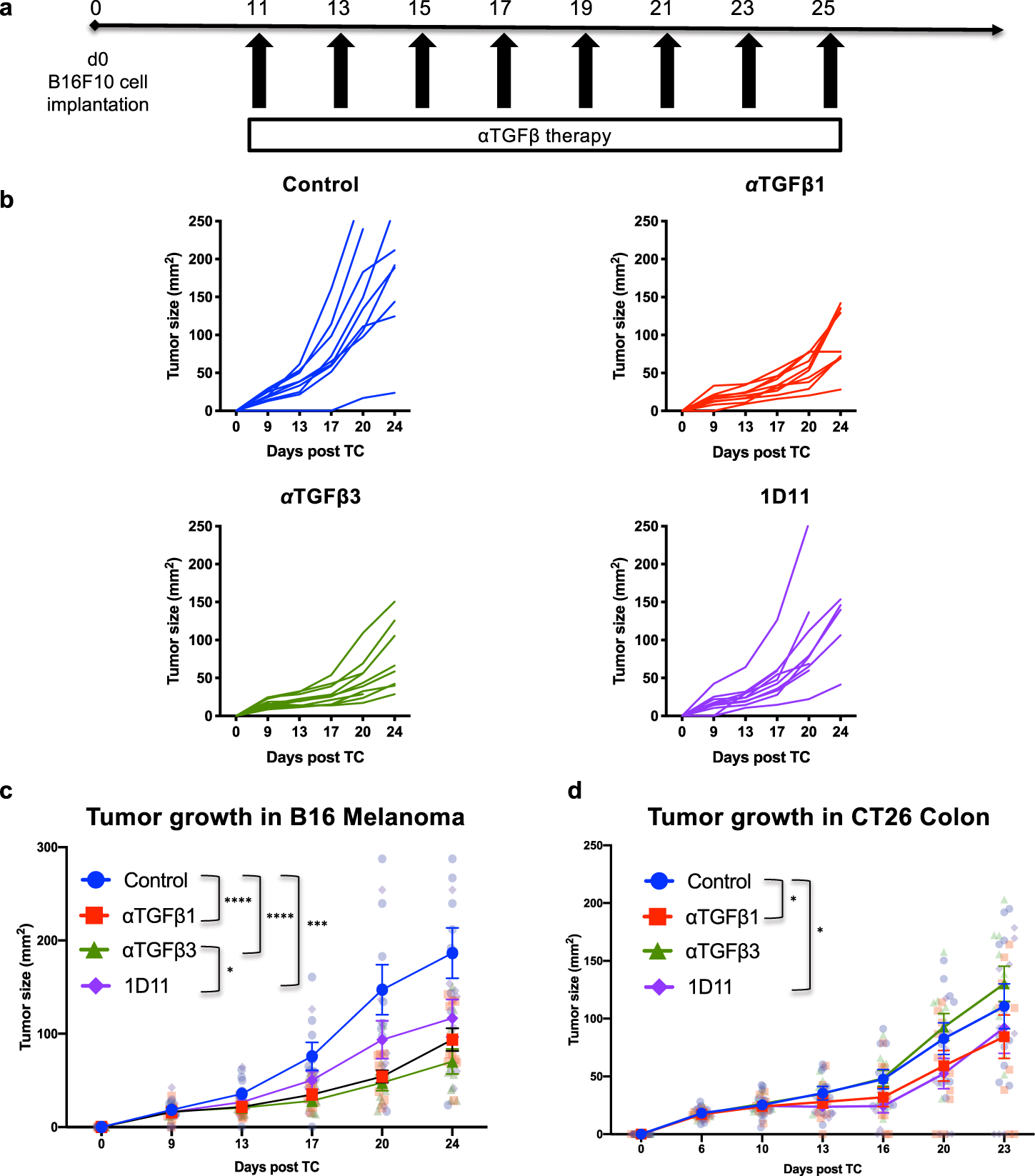 Fig. 3: Isoform-specific TGFβ inhibition is effective at delaying B16 tumor growth.