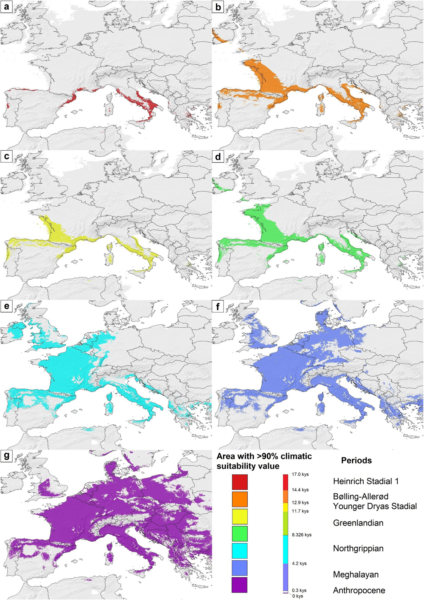Fig. 5: The changing expansiveness of areas with more than 90% climatic suitability values for Phlebotomus mascittii in the last 17 kys.