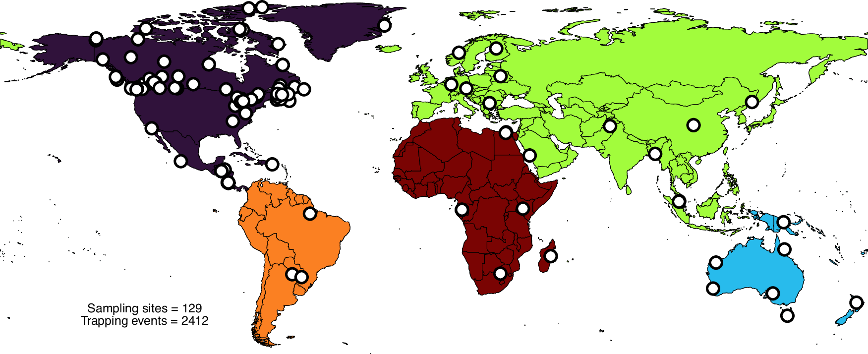Fig. 1: Sampling sites and five biogeographical regions considered.