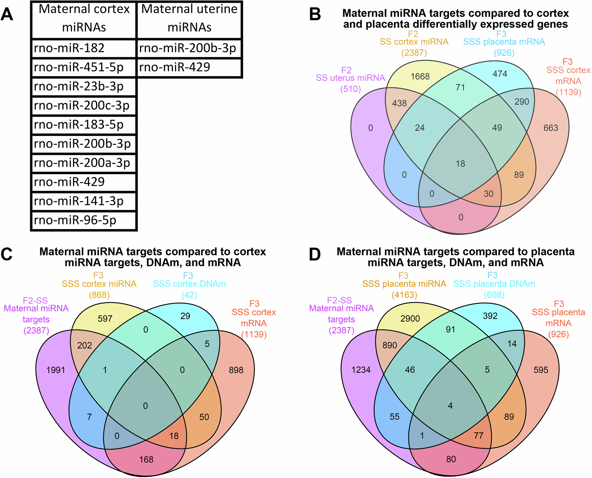 Fig. 6: Maternal miRNA targets compared with fetal cortex and placenta differentially expressed genes.