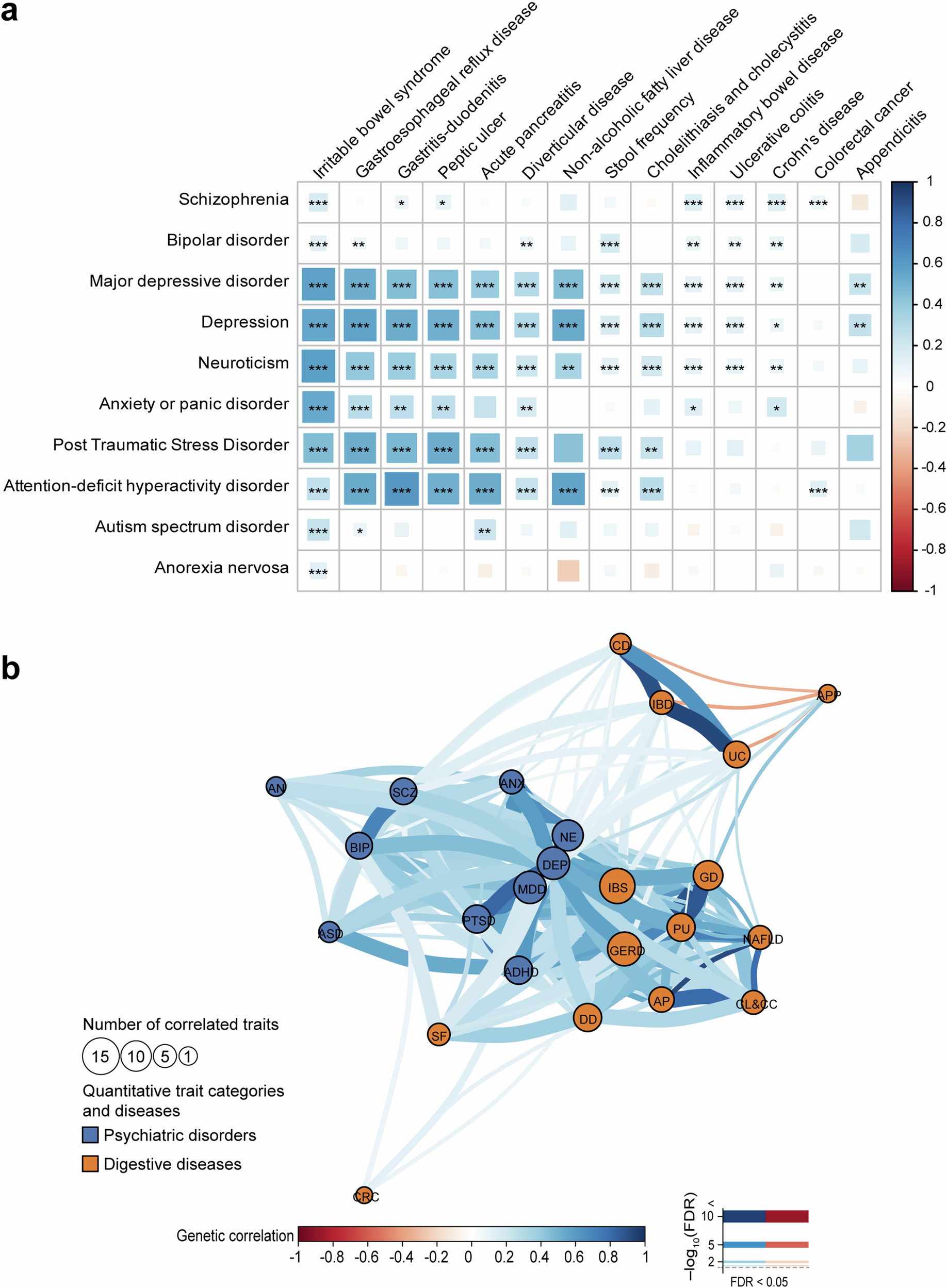 Fig. 1: Global genetic correlations among digestive diseases and psychiatric disorders.