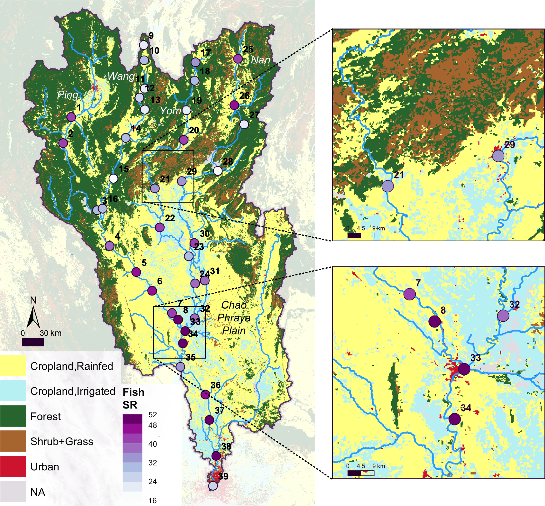 Fig. 1: Riverine fish species richness (SR) and terrestrial land use and land cover (LULC) in the 160,000 km2 Chao Phraya catchment in Thailand.