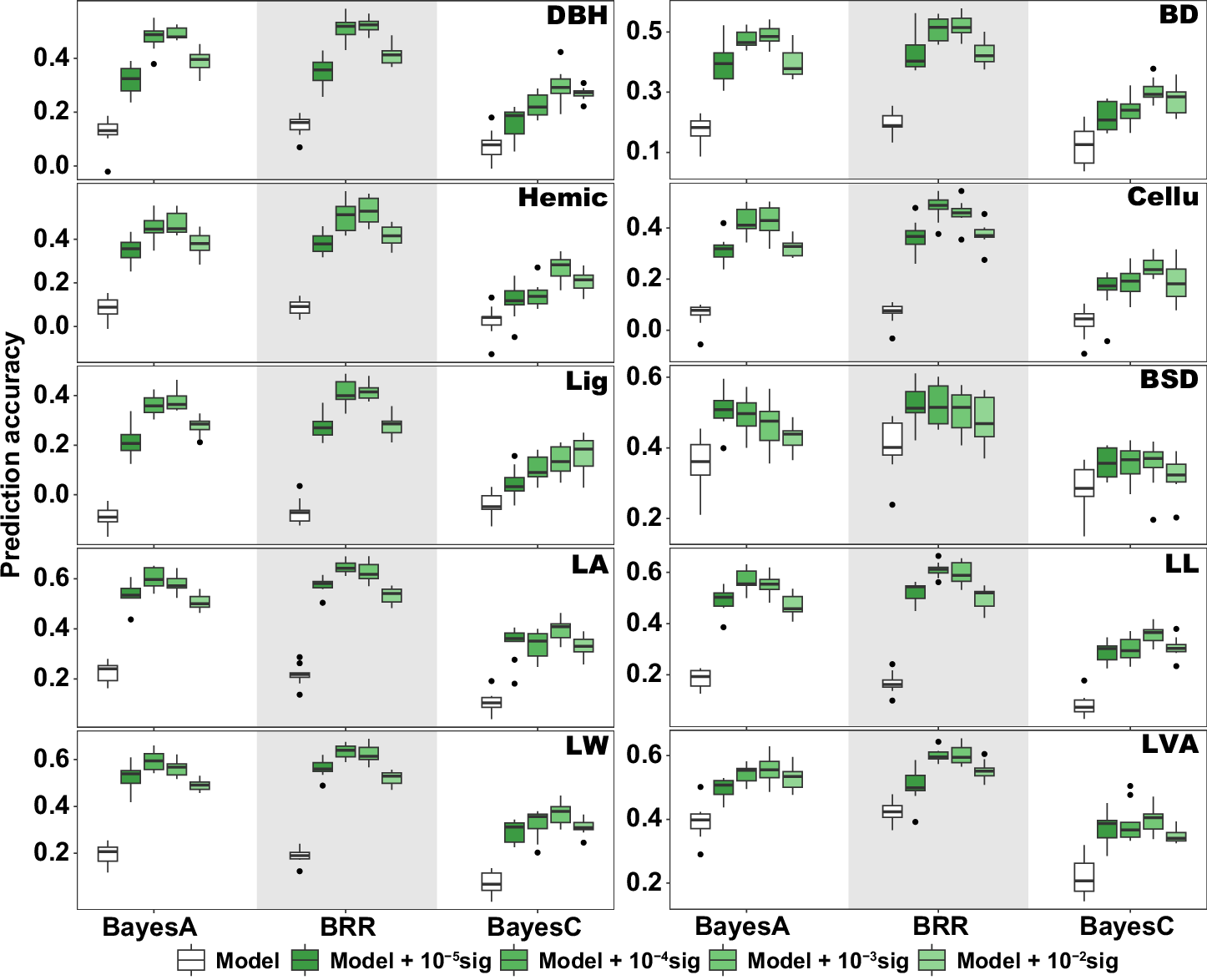 Fig. 5: Comparison of prediction accuracy between genomic selection (GS) models incorporating multi-trait QTL identified by GWAS and traditional GS models (BRR, BayesA, and BayesC).